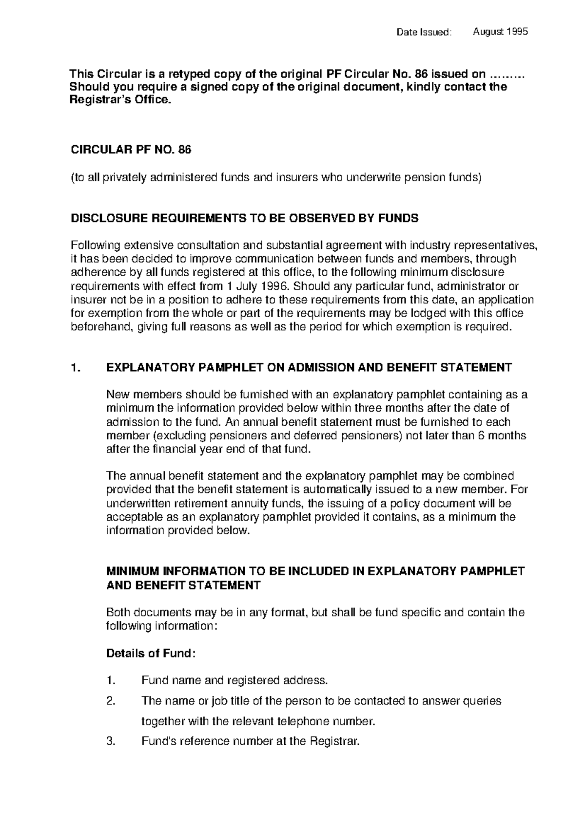 PF Circular 86 - Disclosure Requirements Summary Notes - Studocu