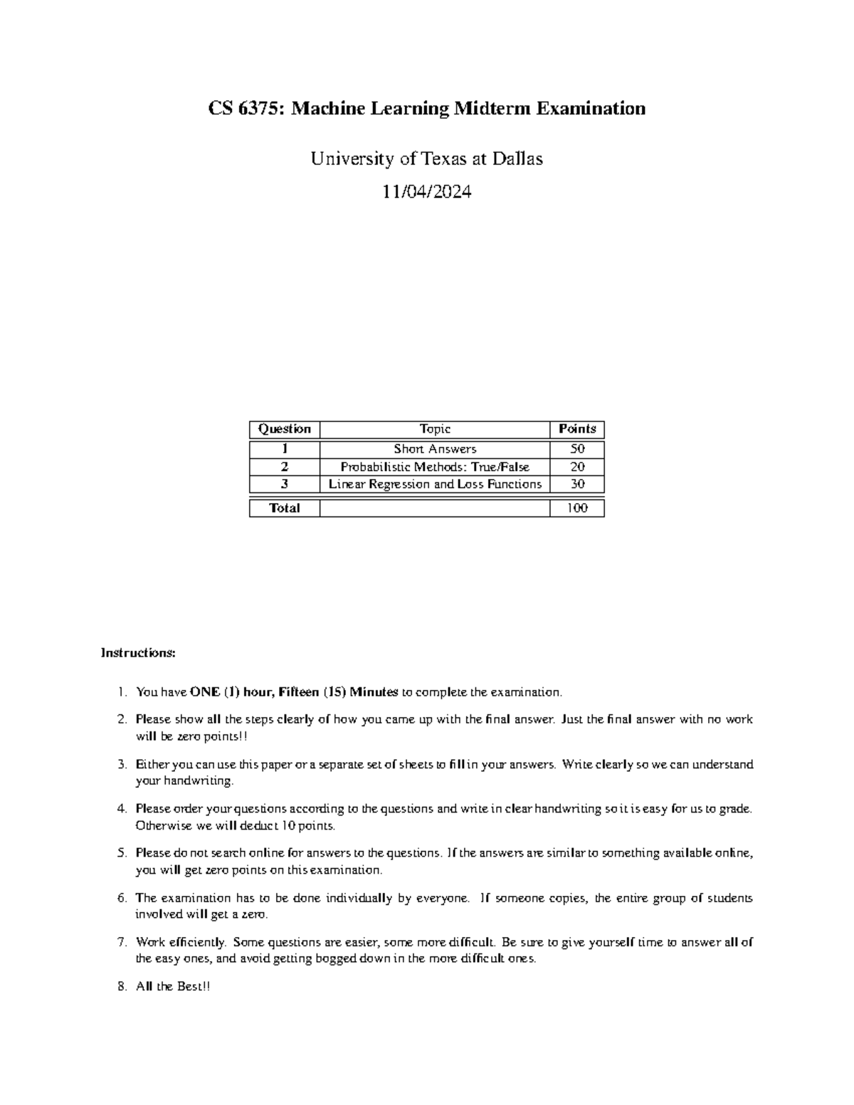 CS 6375: Machine Learning Midterm Exam - Fall 2024 - Studocu