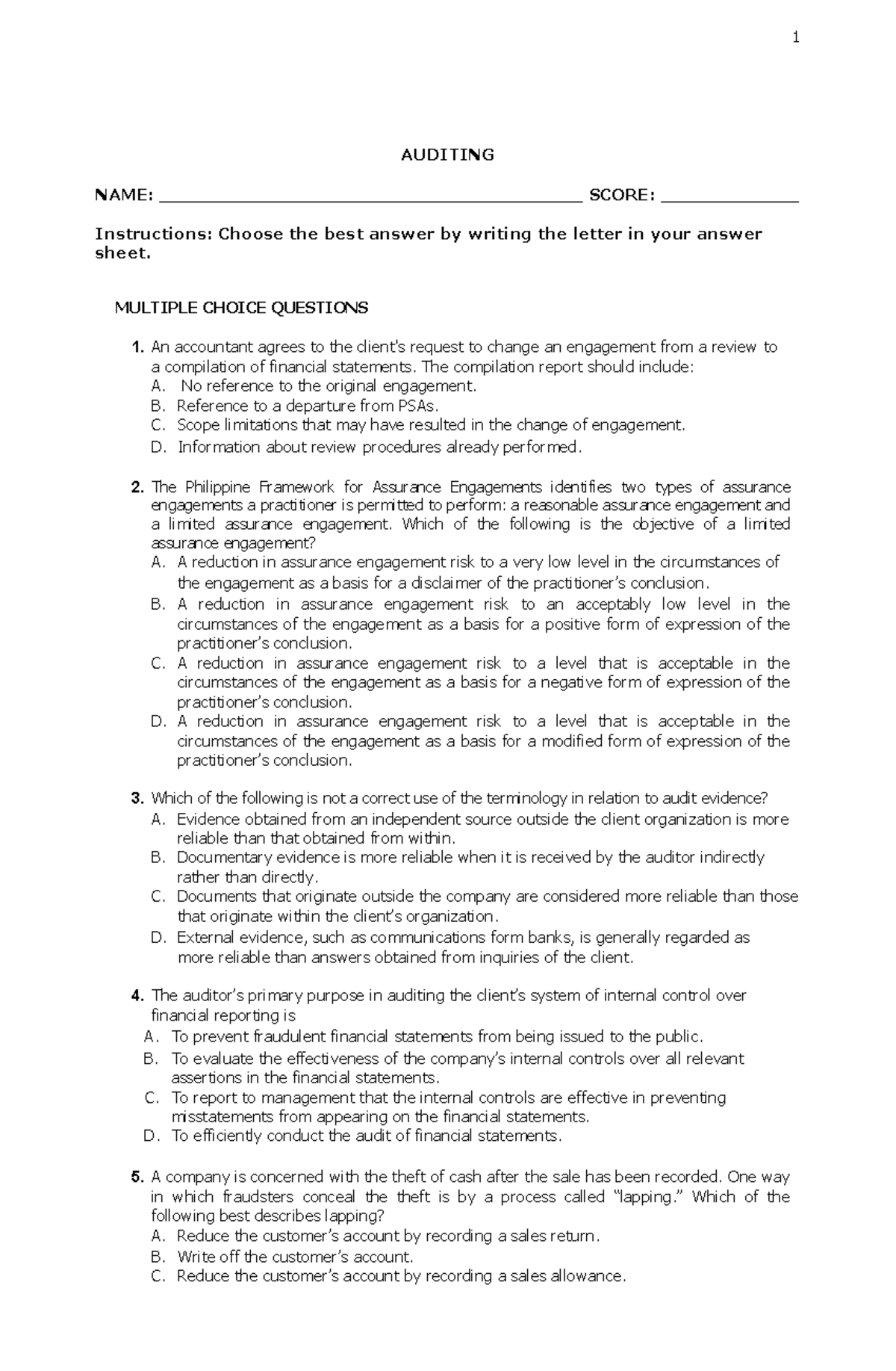 AUD 1 - Review Guide for Auditing Confidence Boost and MCQs - Studocu