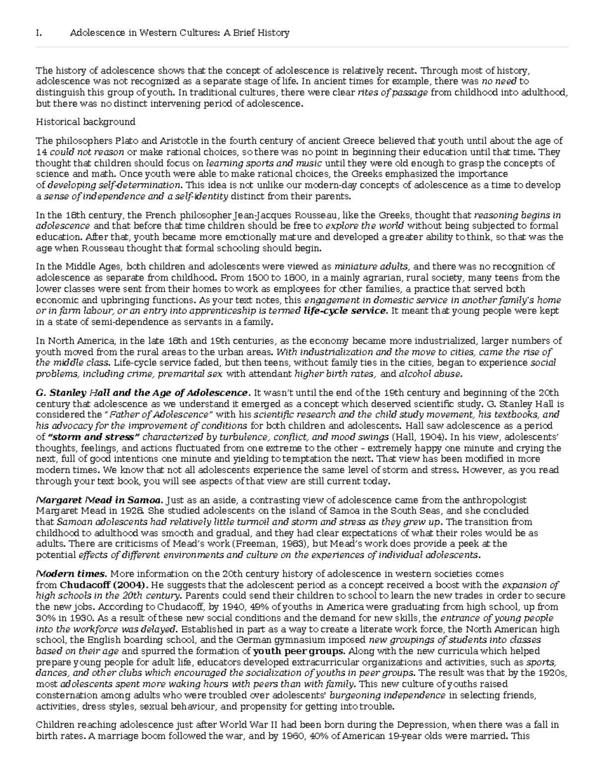 PSYC 3310 - Unit 1: History of Adolescence in Western Cultures - Studocu
