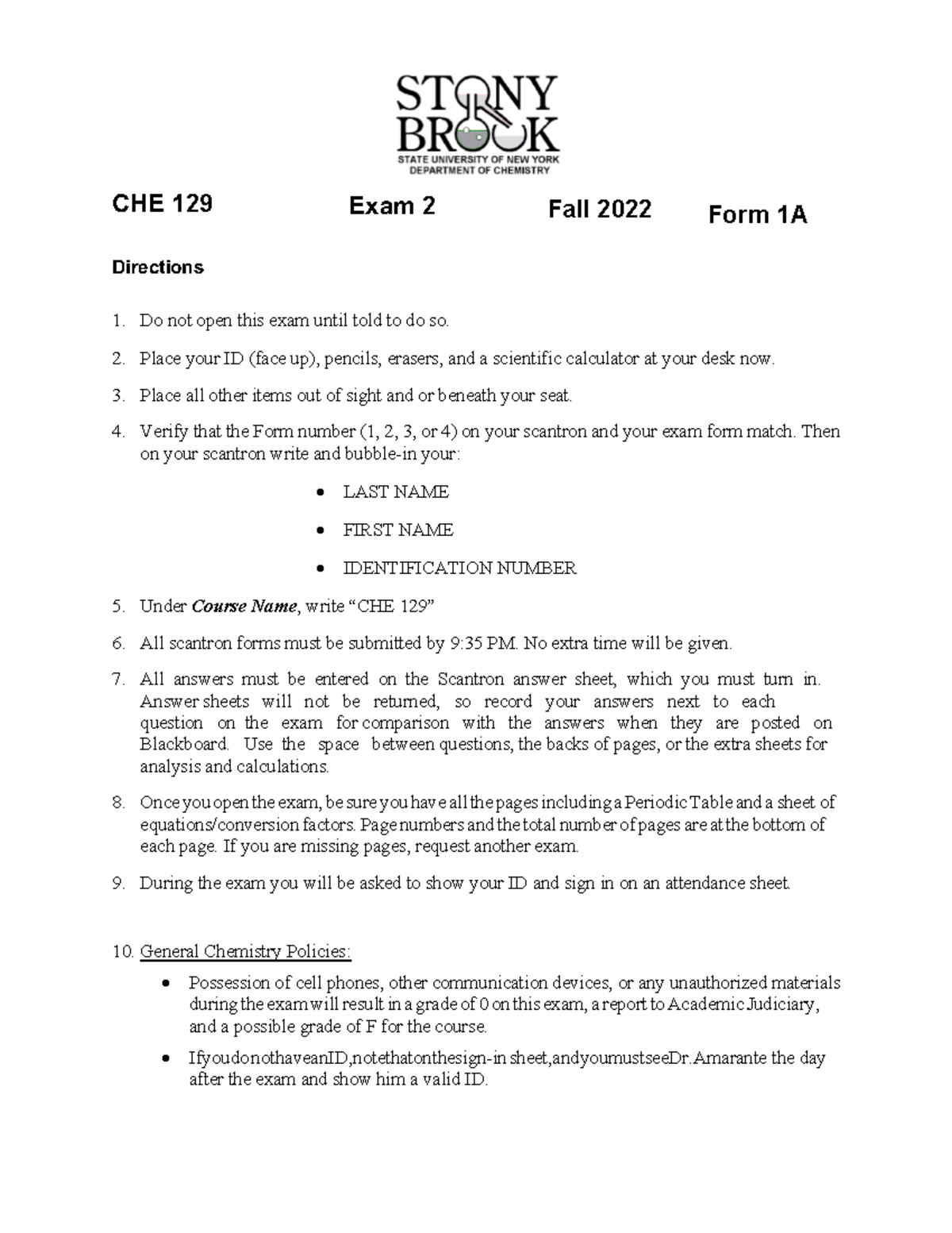 CHE 129 Fall 2022 Exam 2 Form 1A Instructions and Questions - Studocu