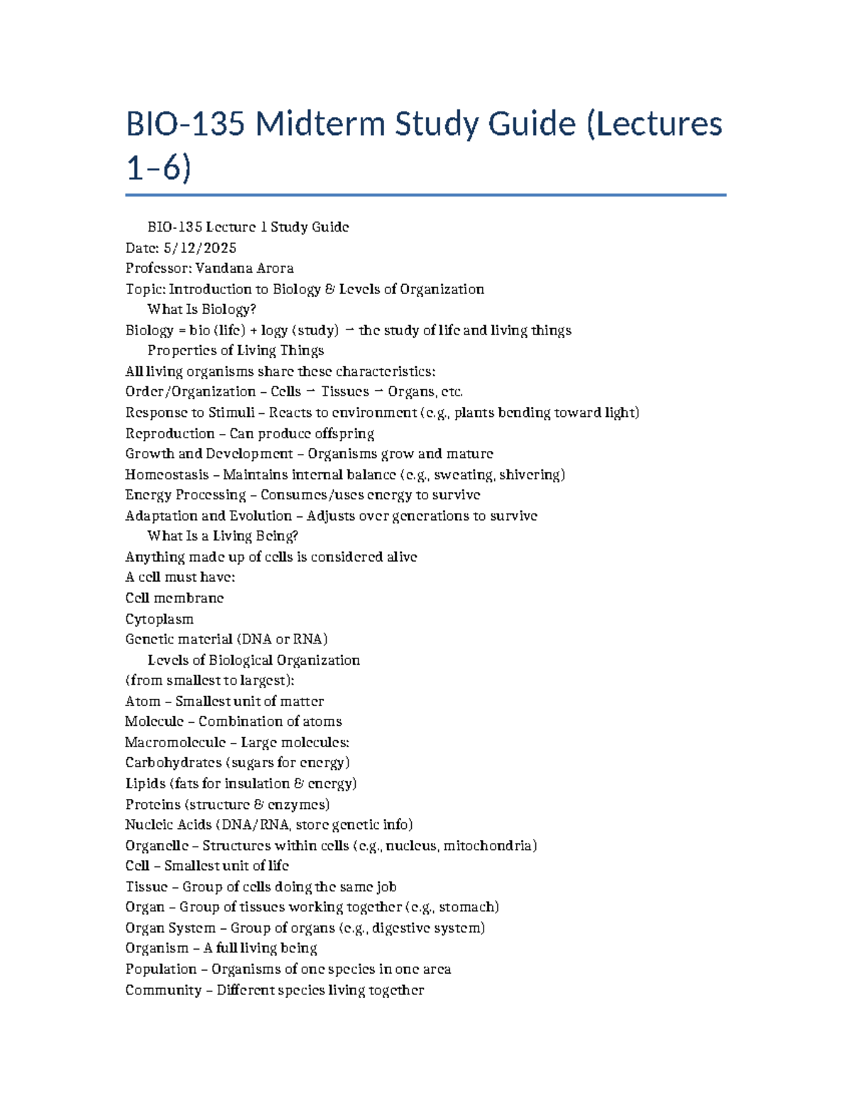 BIO-135 Midterm Study Guide: Key Concepts from Lectures 1-6 - Studocu