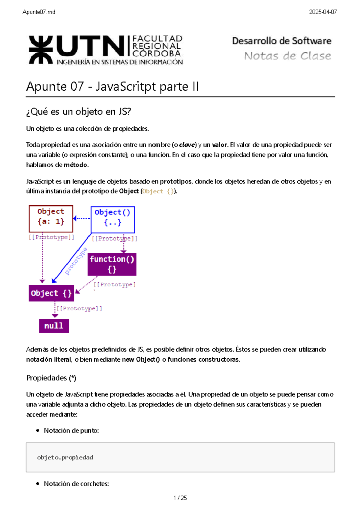 Apunte 07 - JavaScript: Objetos, Creación y Prototipos - Studocu