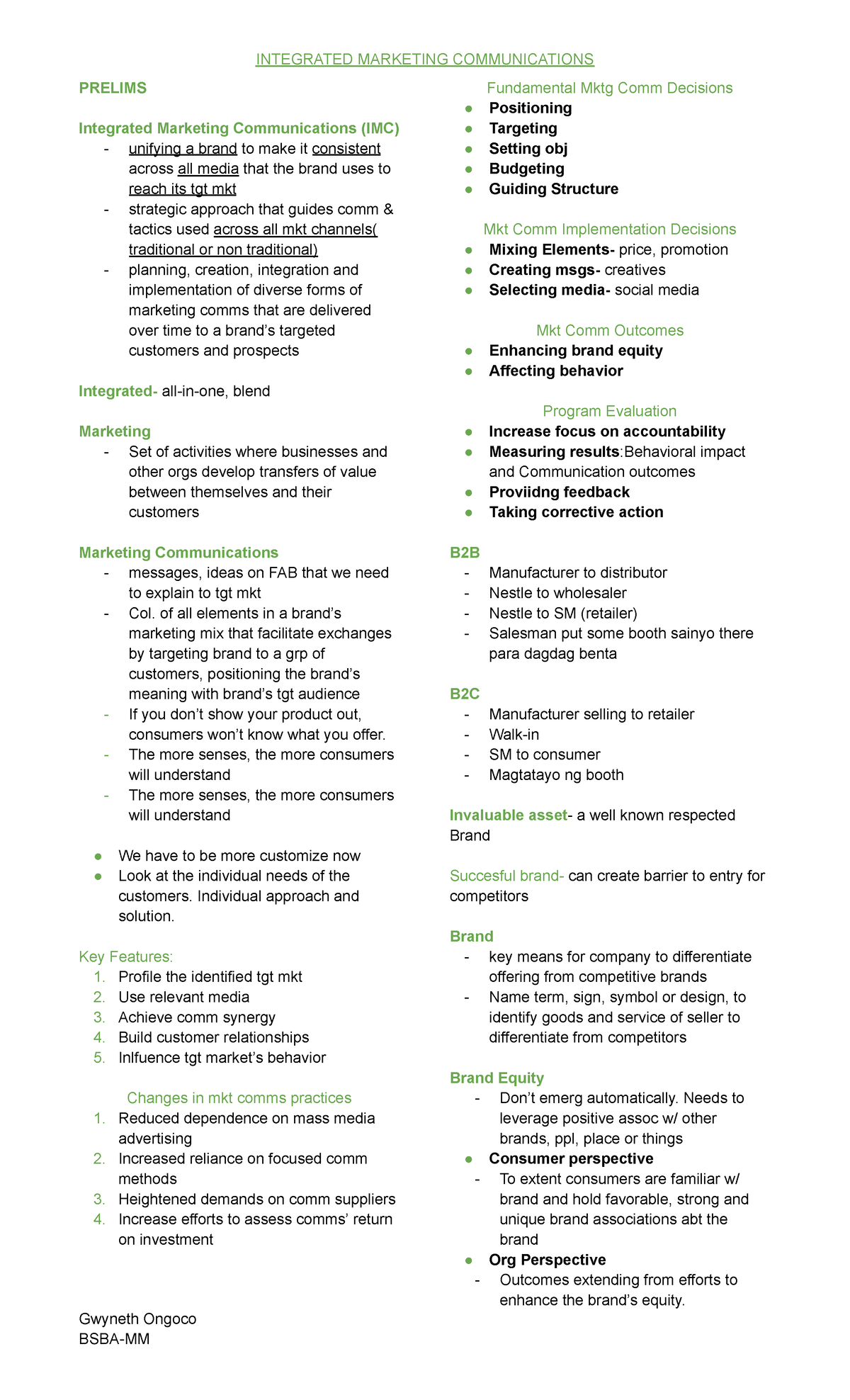 INTEGRATED MARKETING COMMUNICATIONS (IMC) PRELIMS Study Notes - Studocu