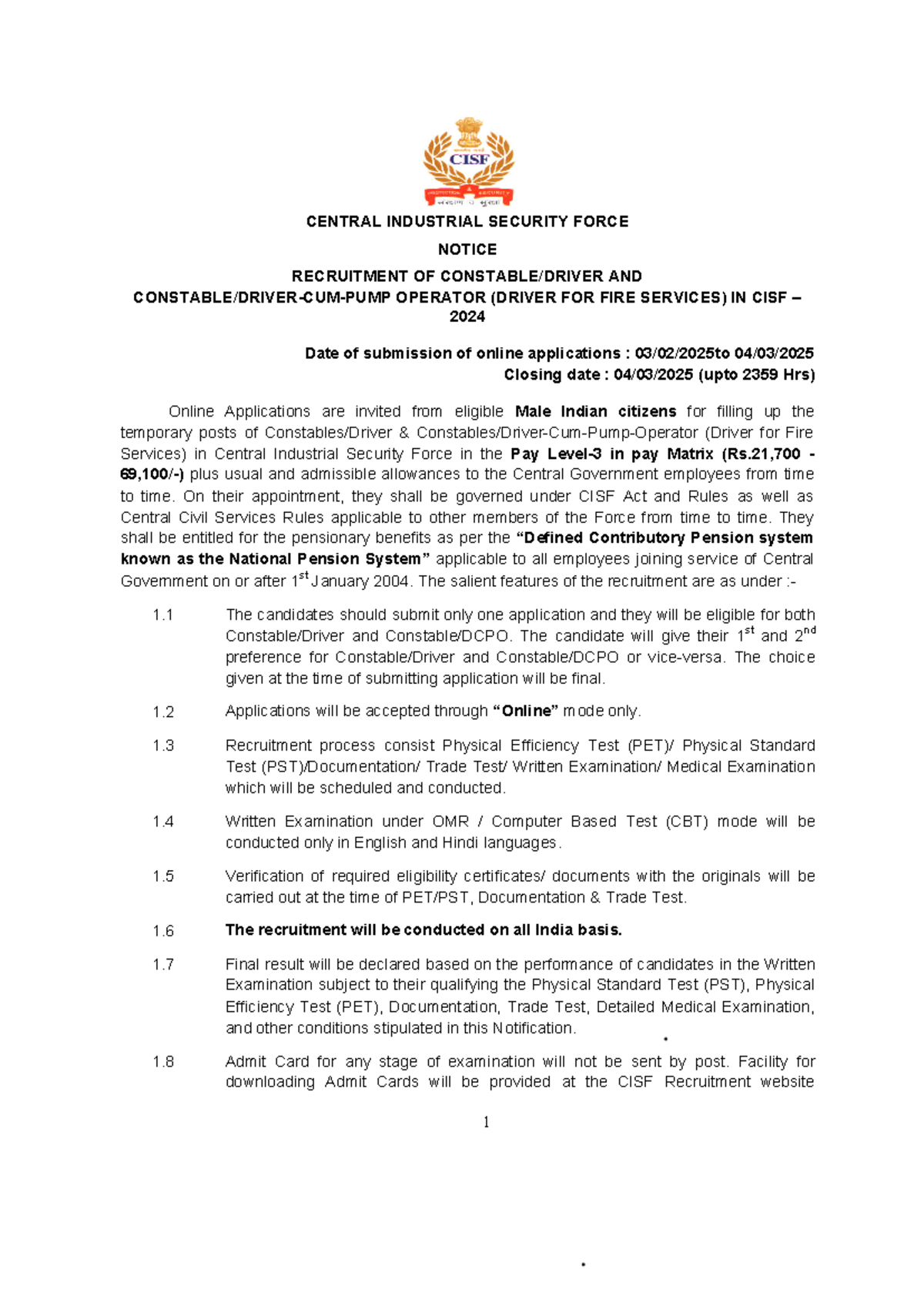 Cisf Constable Driver Notification out isrdefence - CENTRAL INDUSTRIAL ...