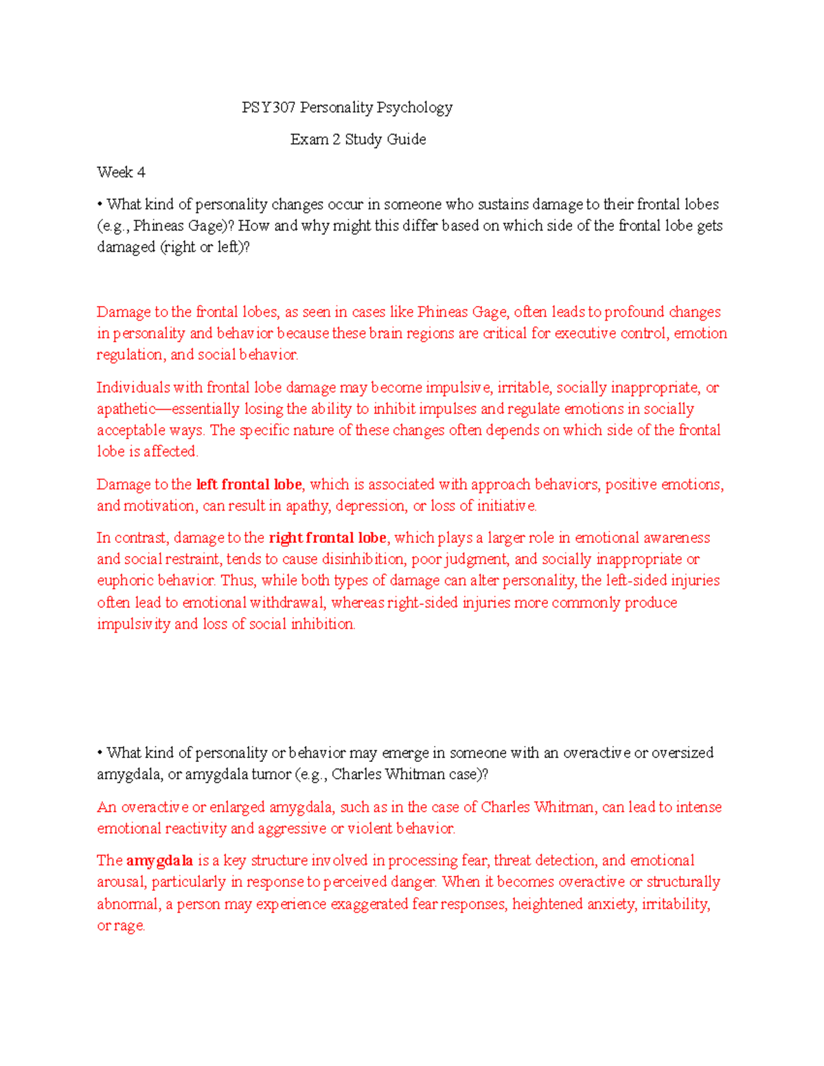 PSY307 Exam 2 Study Guide: Personality Changes and Neurochemistry - Studocu