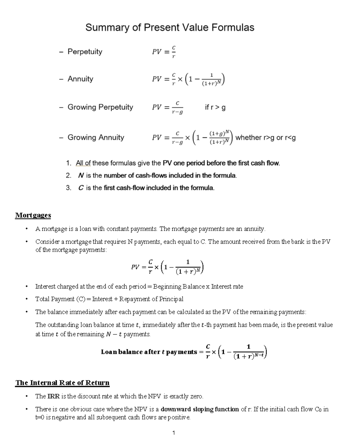 Midterm formula sheet - 1 Mortgages A mortgage is a loan with constant ...