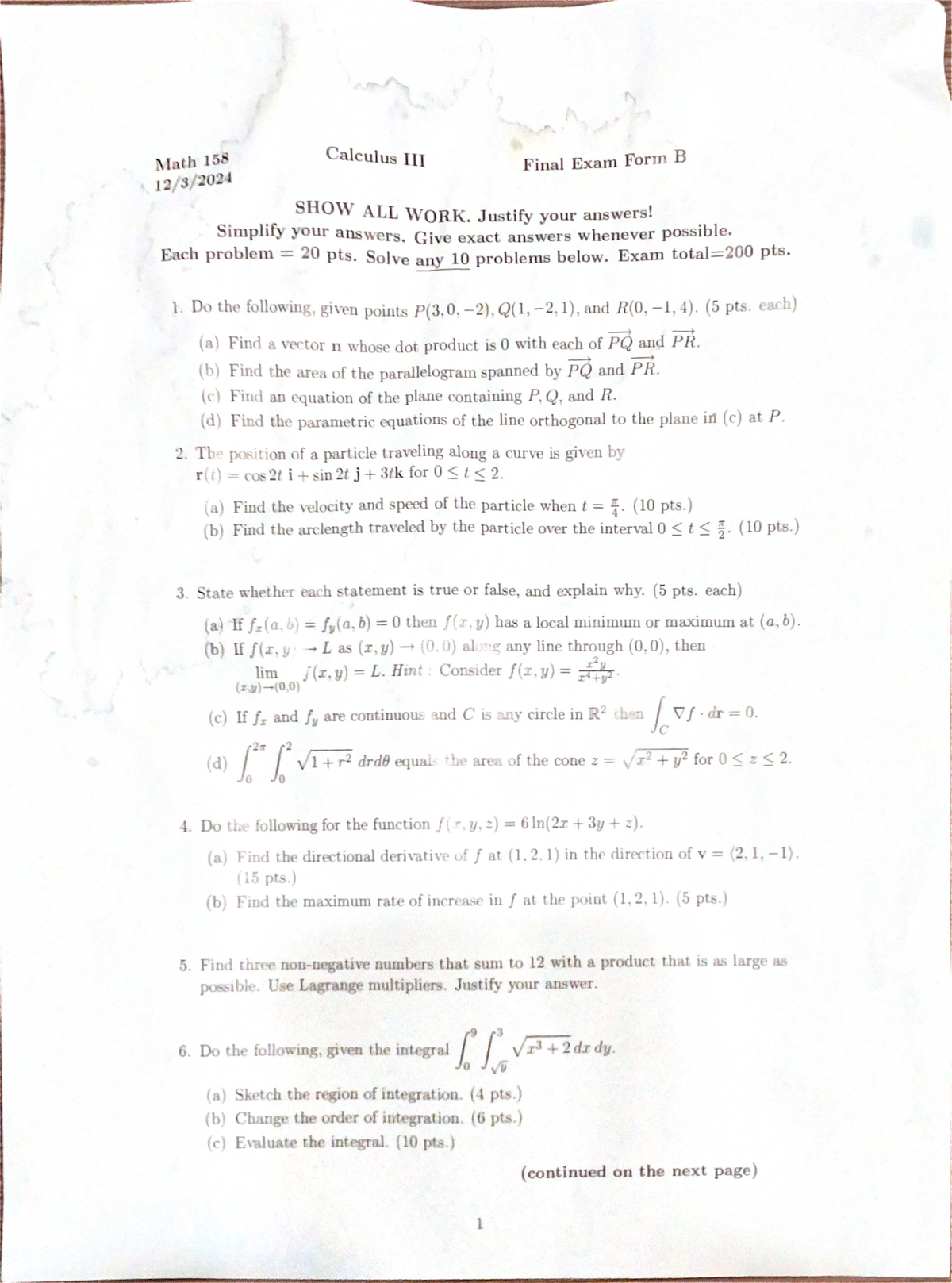 Math 158 Final Exam Calculus 3 Form B - Show All Work - Studocu