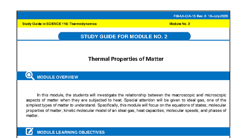 Study Guide for SCIENCE 116: Thermodynamics Module 2 - Thermal ...