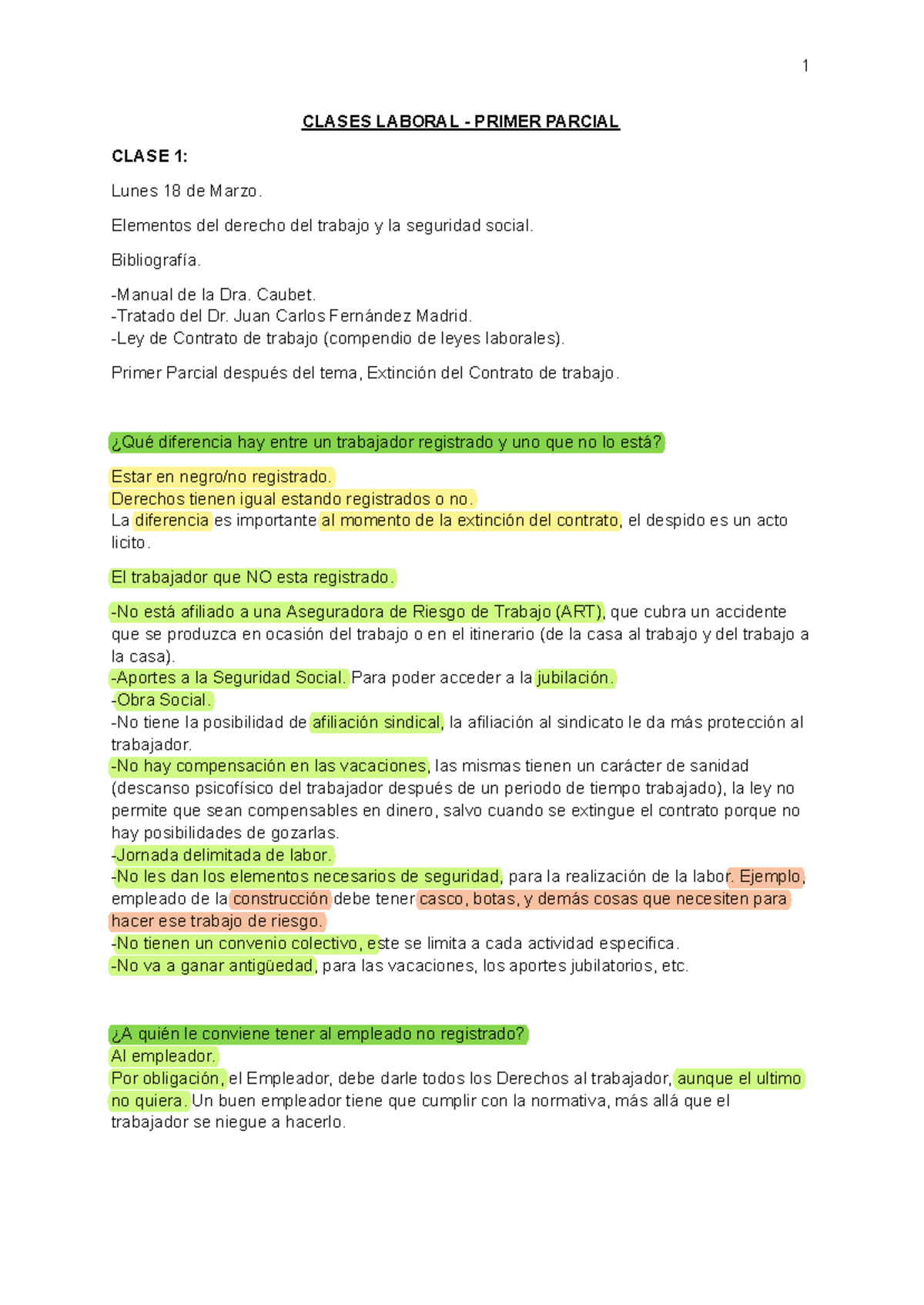 Derecho Laboral - Clases y Primer Parcial (Curso LAB 101) - Studocu