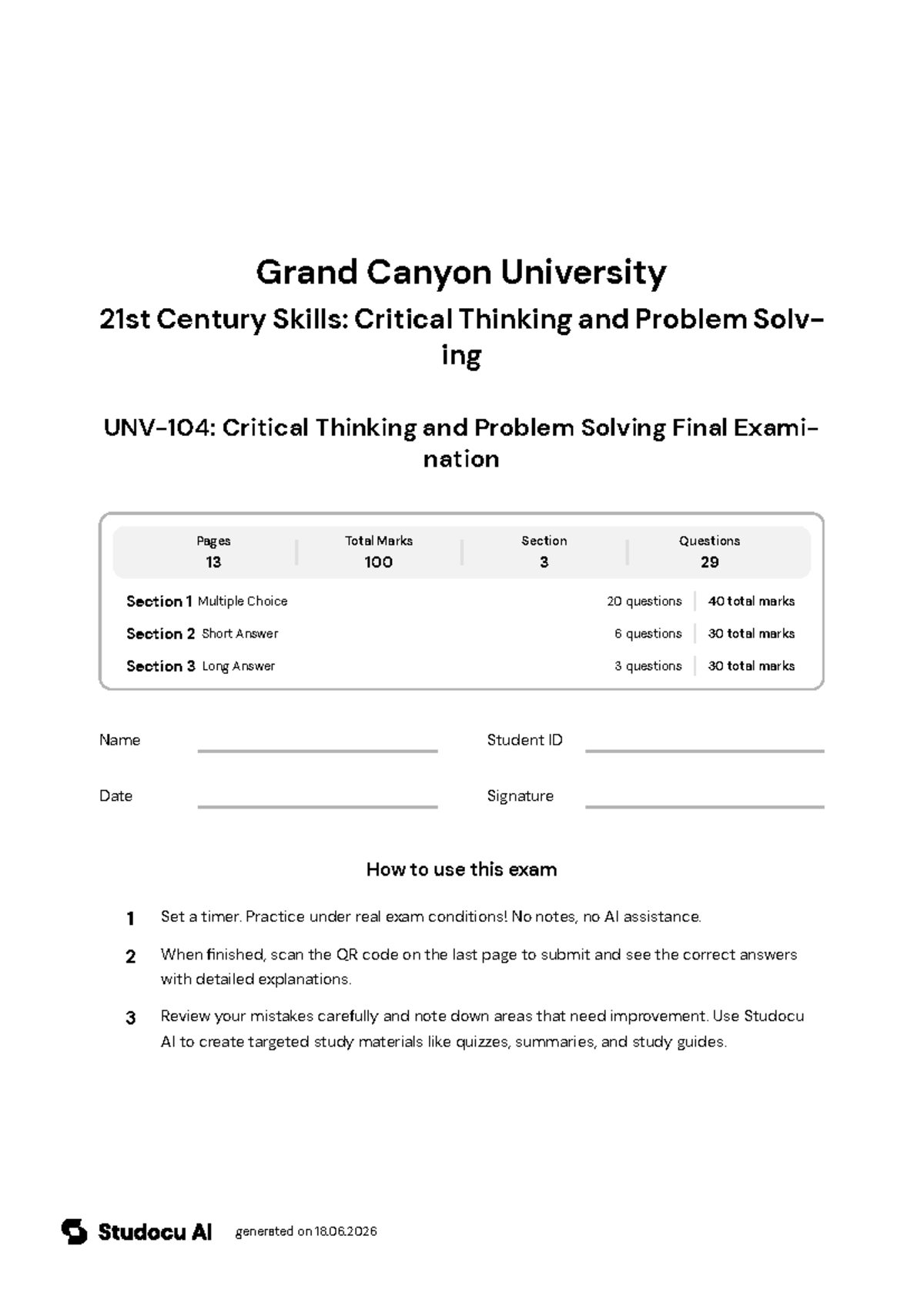 UNV-104: Critical Thinking Final Exam - Studocu