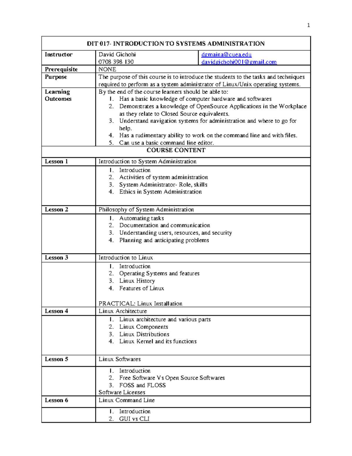 Course Outline - DIT 017: Introduction to System Administration - Studocu