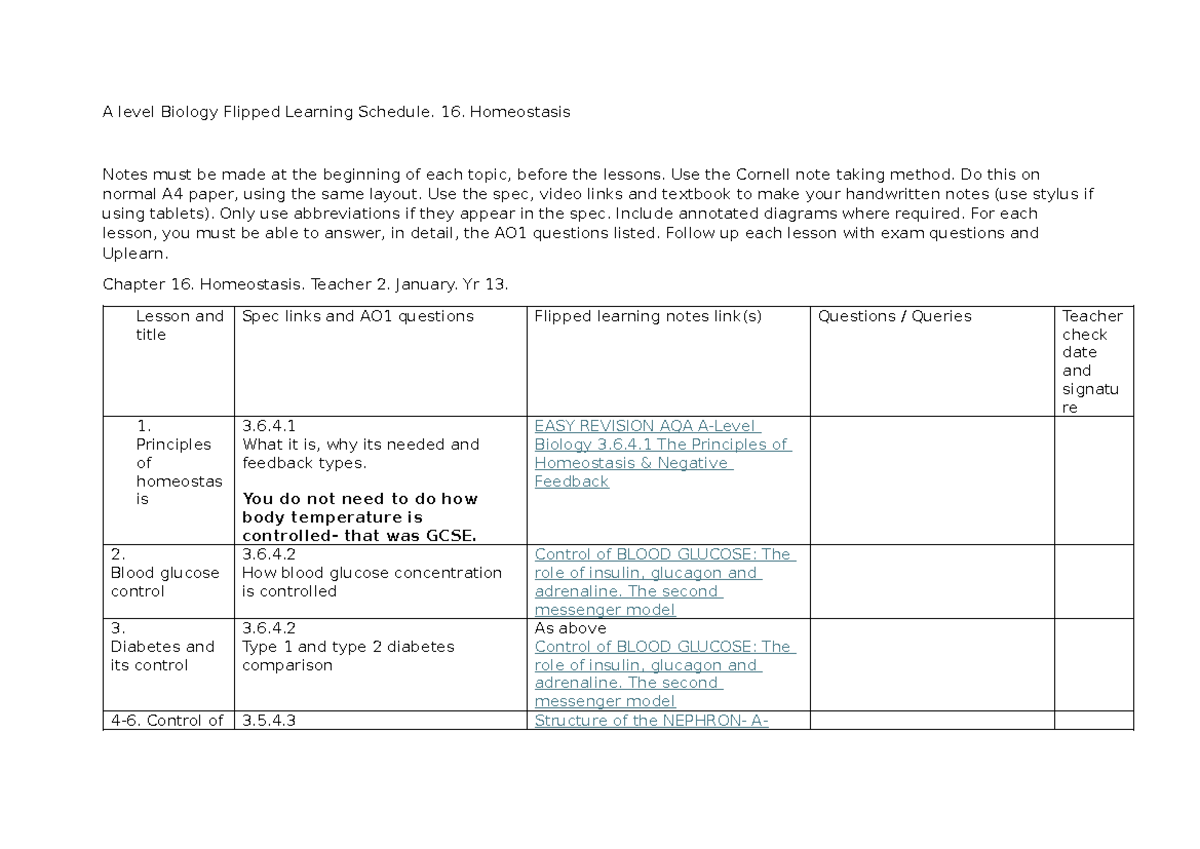 AQA A Level Biology: Chapter 16 Homeostasis Study Guide - Studocu