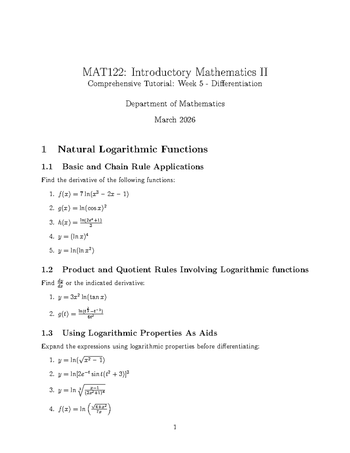 MAT122: Week 5 Differentiation Tutorial on Logarithmic Functions - Studocu