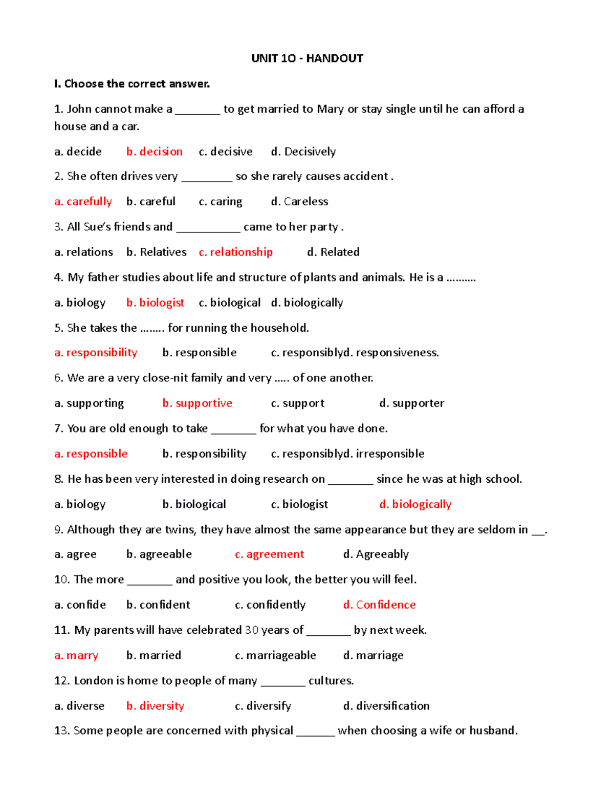 UNIT-1O- Handout - English - UNIT 1O - HANDOUT I. Choose the correct ...