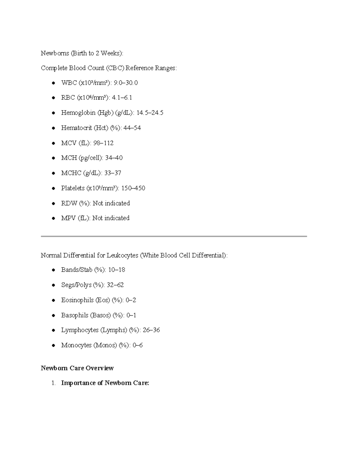 Newborns (Birth to 2 Weeks): CBC Reference Ranges & Care Overview - Studocu