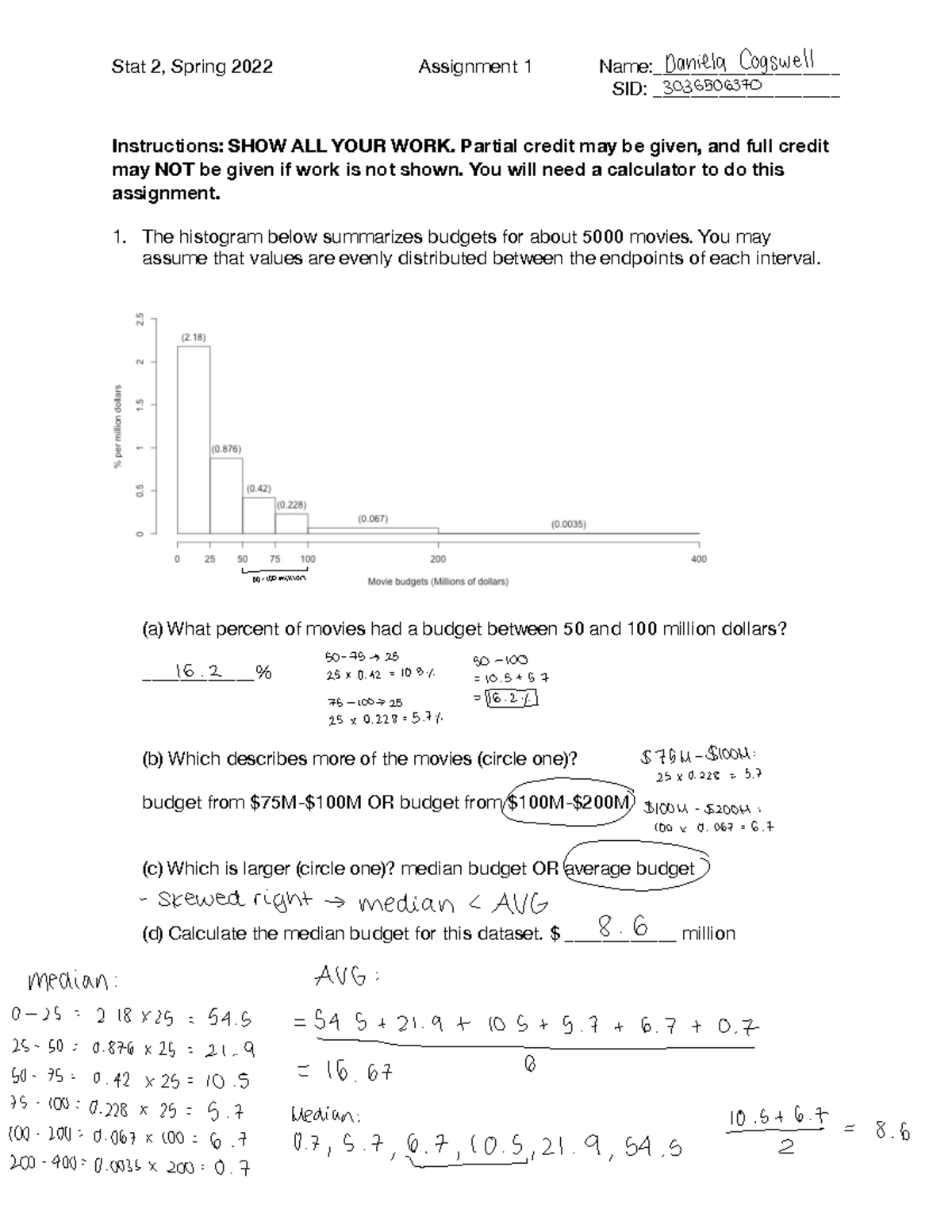Stat2Sp22Assignment 1 - Stat 2, Spring 2022 Assignment 1 Name ...