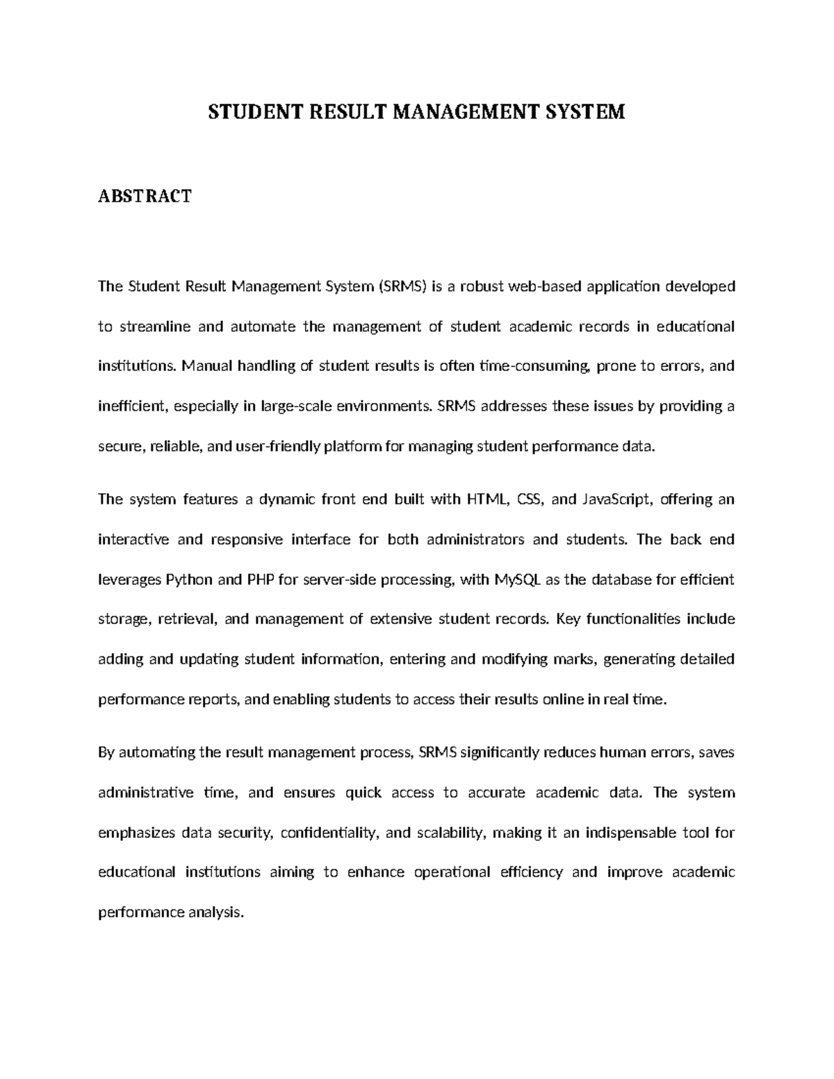 Student Result Management System (SRMS) - Chapters 1 & 2 Summary - Studocu