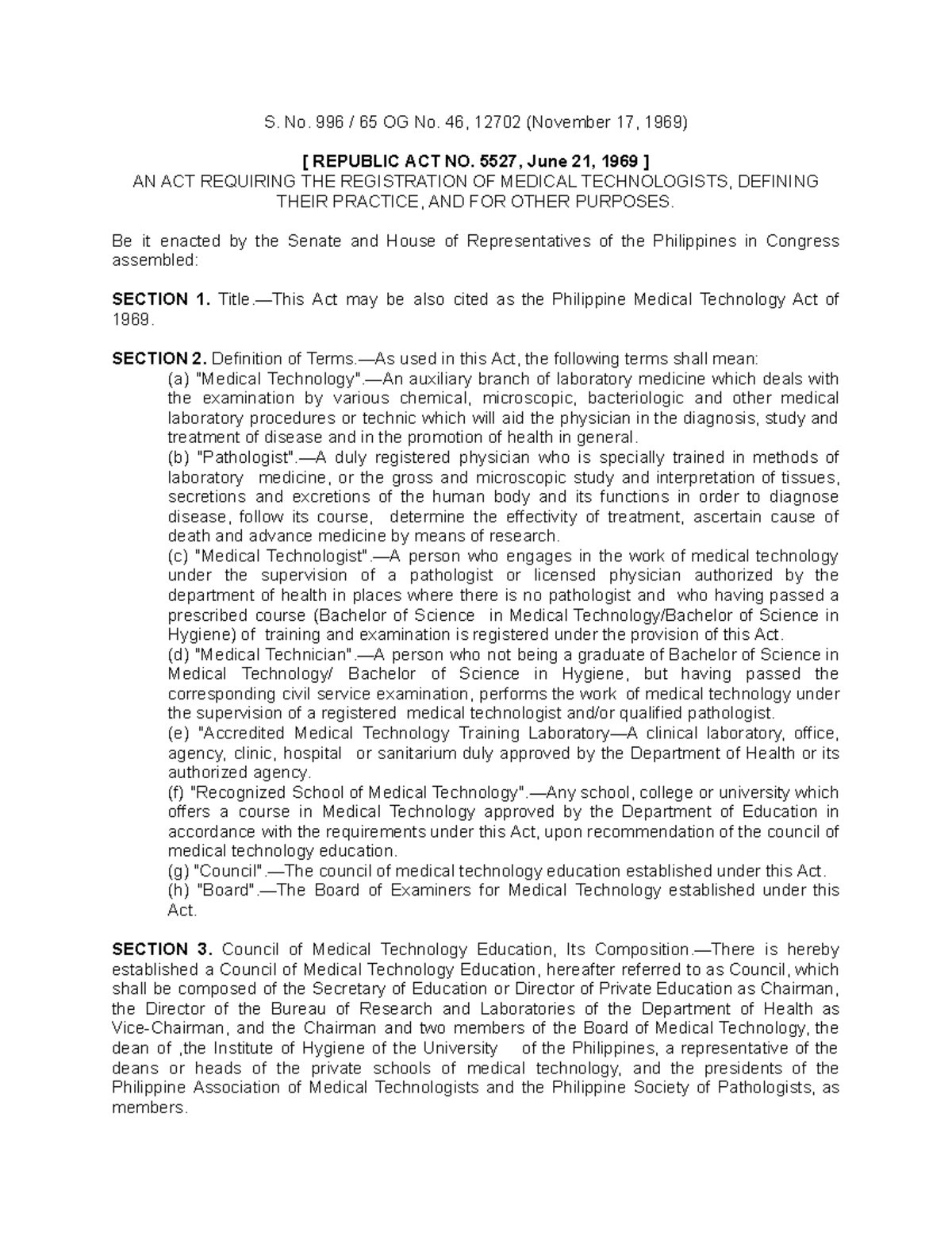 RA 5527 - Reference Law - S. No. 996 / 65 OG No. 46, 12702 (November 17 ...