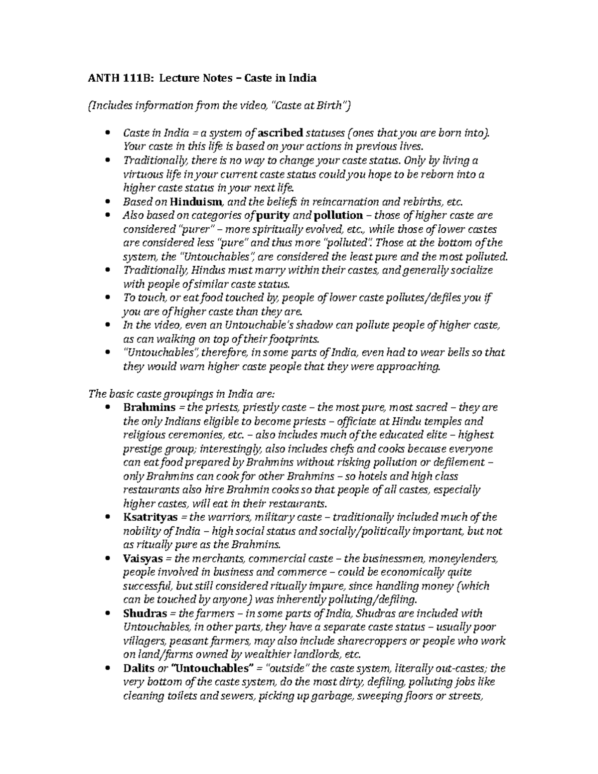 8 - Caste System (India) - ANTH Lecture Notes Caste in India (Includes ...