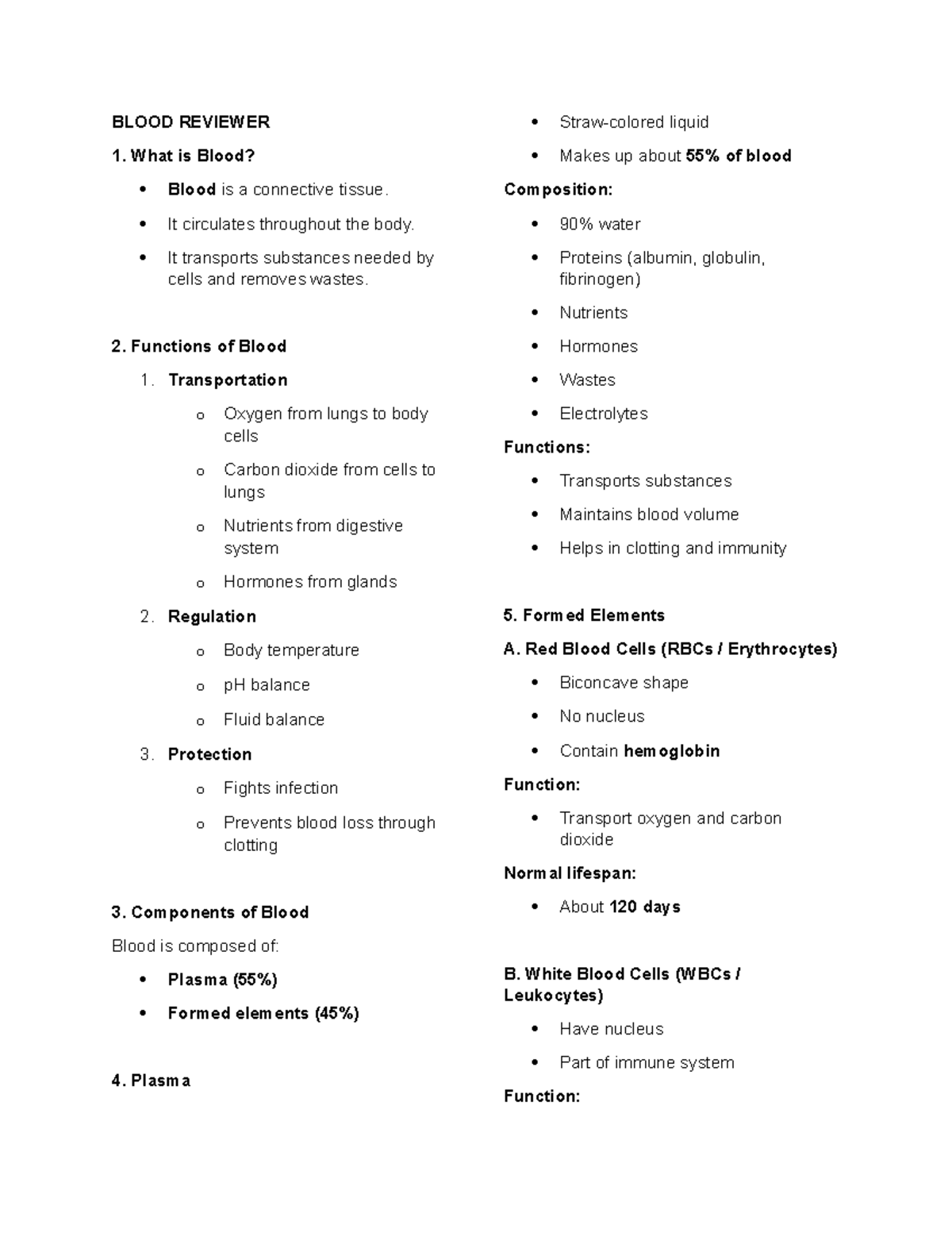 Blood Reviewer: Key Functions and Components of Blood - Studocu