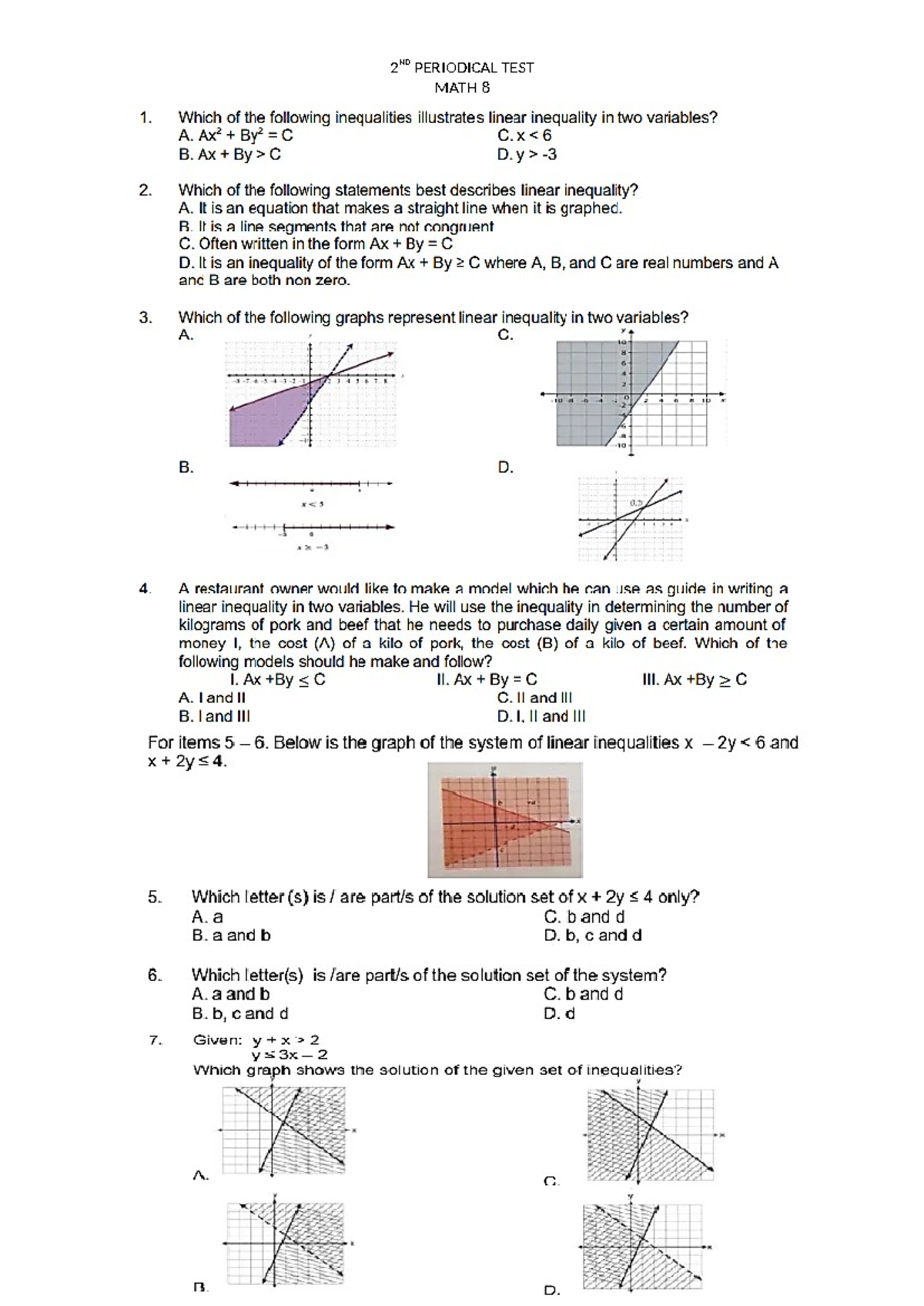 Grade 8 MATH 8 2ND QUARTER PERIODICAL TEST REVIEW - Studocu
