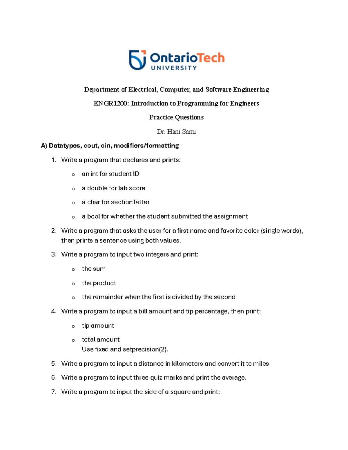 ENGR1200: Intro to Programming for Engineers - Practice Questions - Studocu