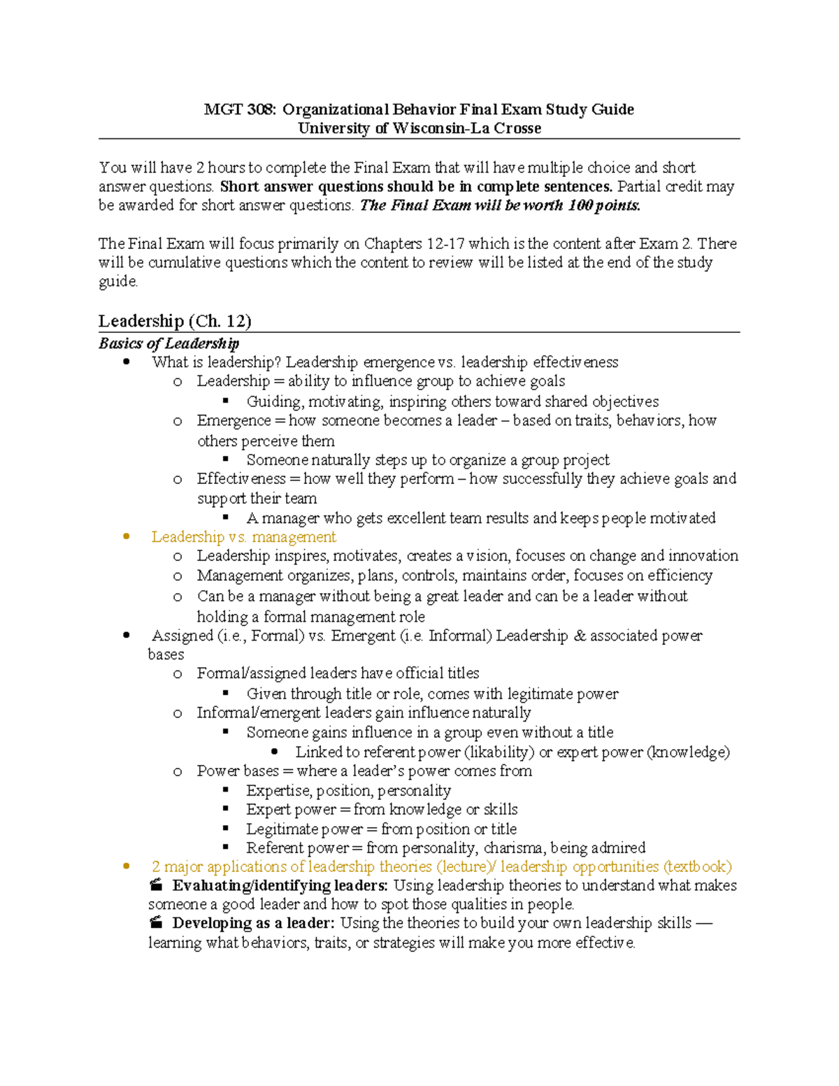 MGT 308: Organizational Behavior Final Exam Study Guide (Ch. 12-17 ...