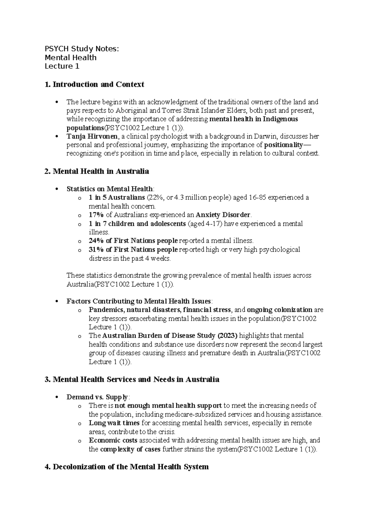 PSYC1002 Lecture Notes: Understanding Mental Health in Australia - Studocu