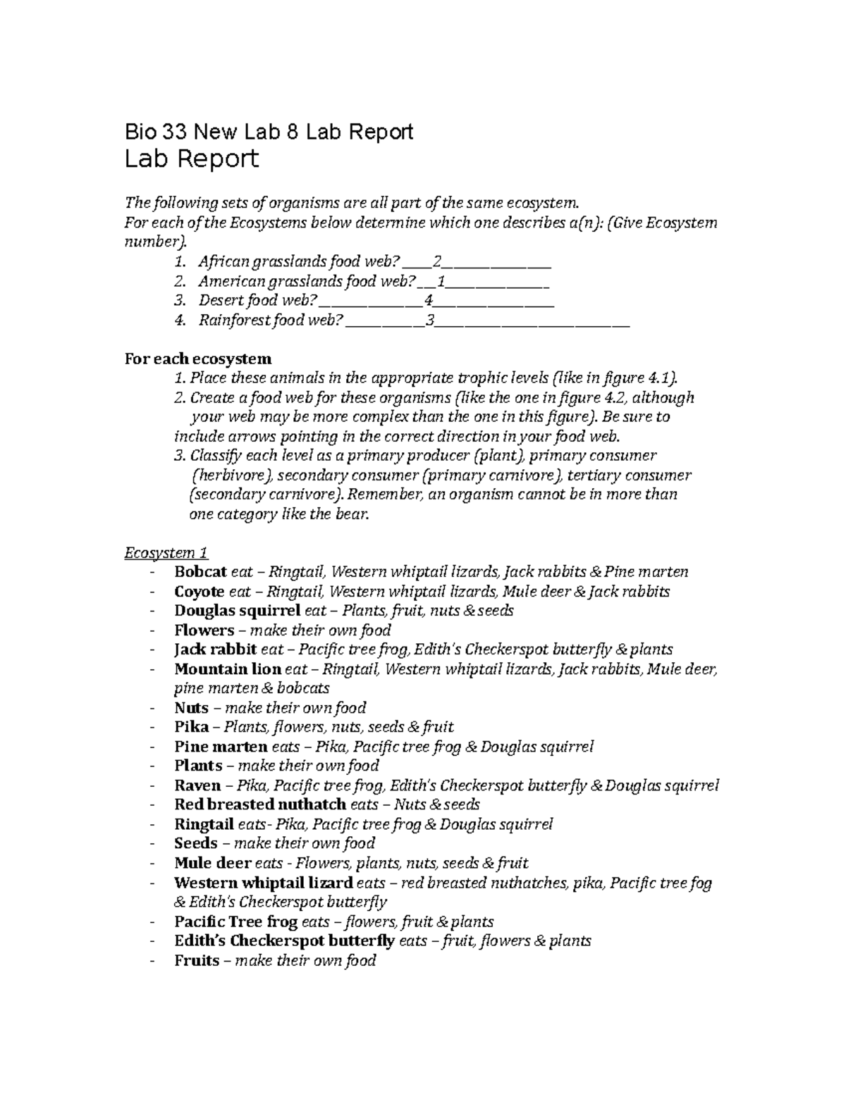 Bio 33 Lab Report 8: Ecosystems and Food Web Analysis - Studocu
