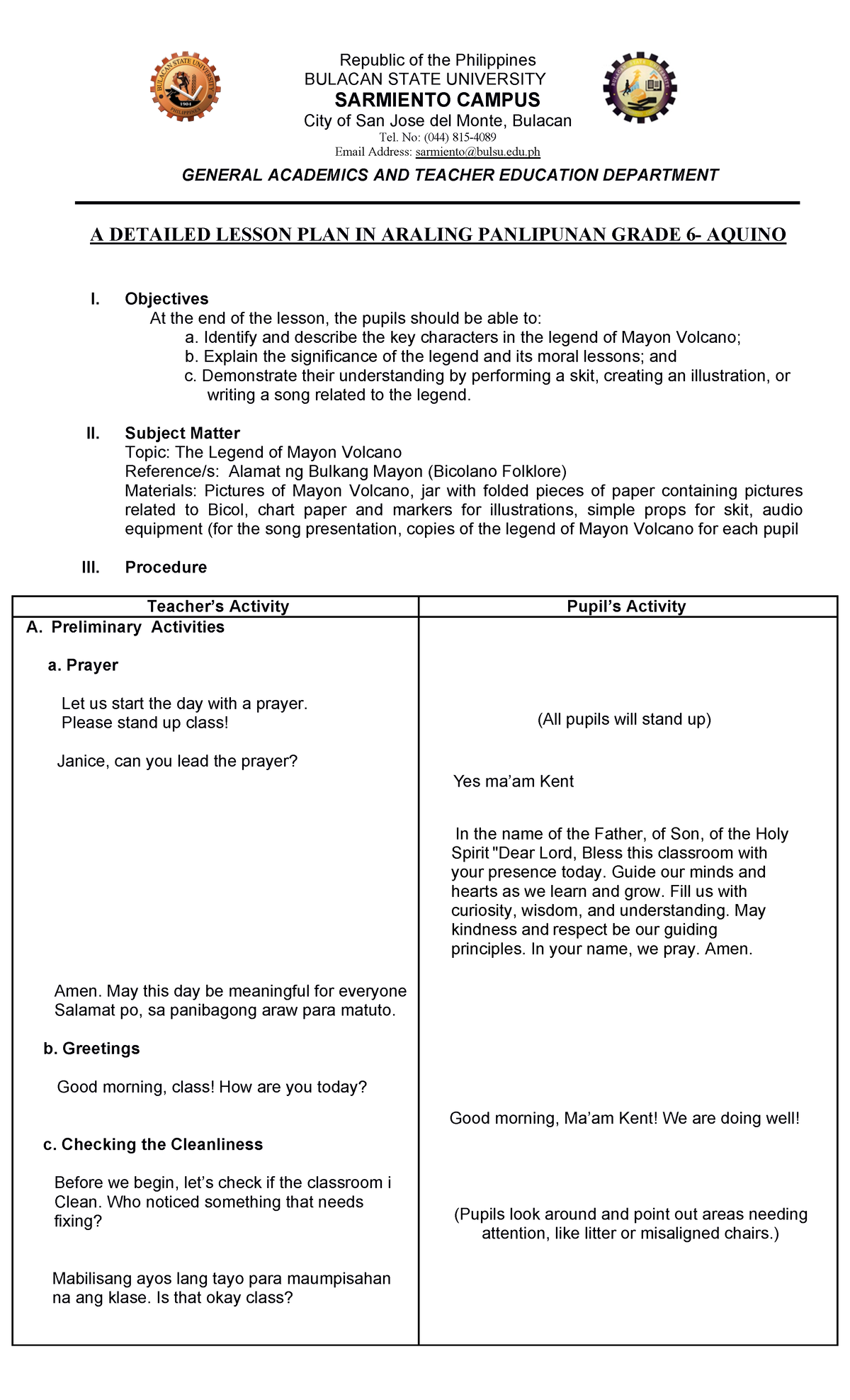 Detailed Lesson Plan on Araling Panlipunan Grade 6 - Mayon Volcano ...