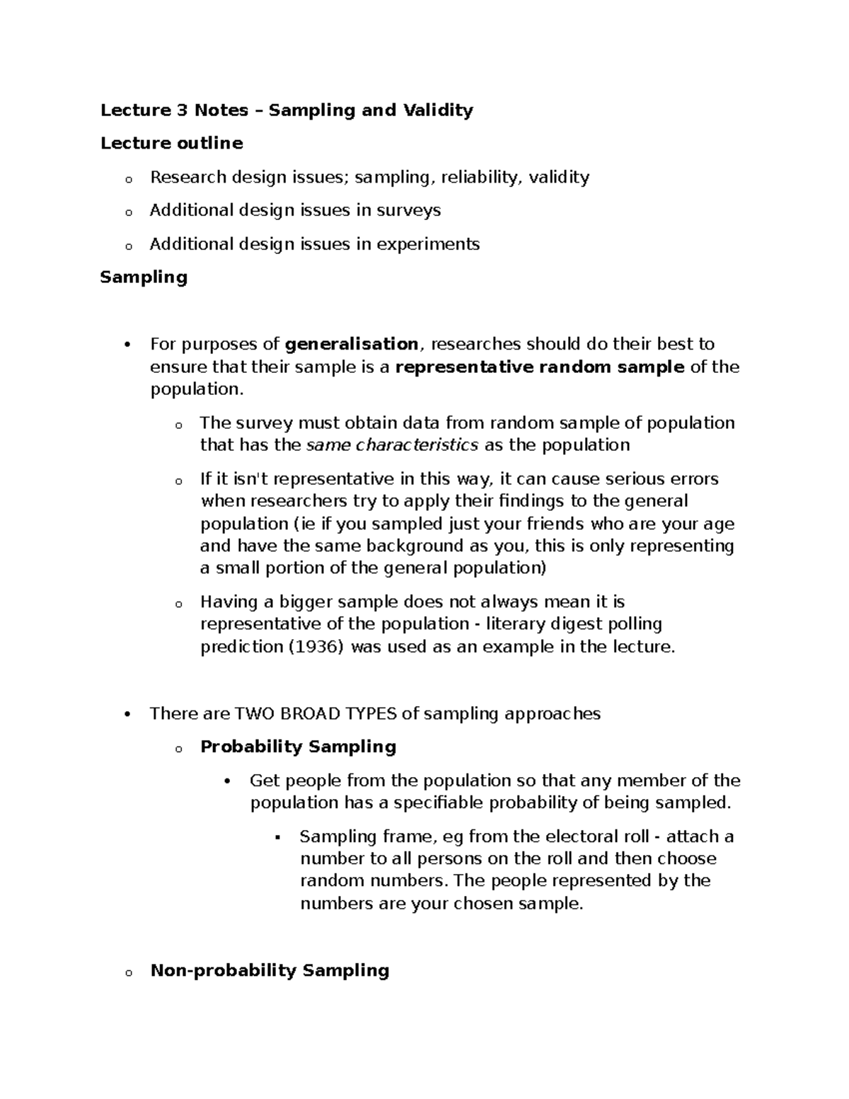 Lecture 3 - Sampling and Validity Notes - Intro to Research HS - Studocu