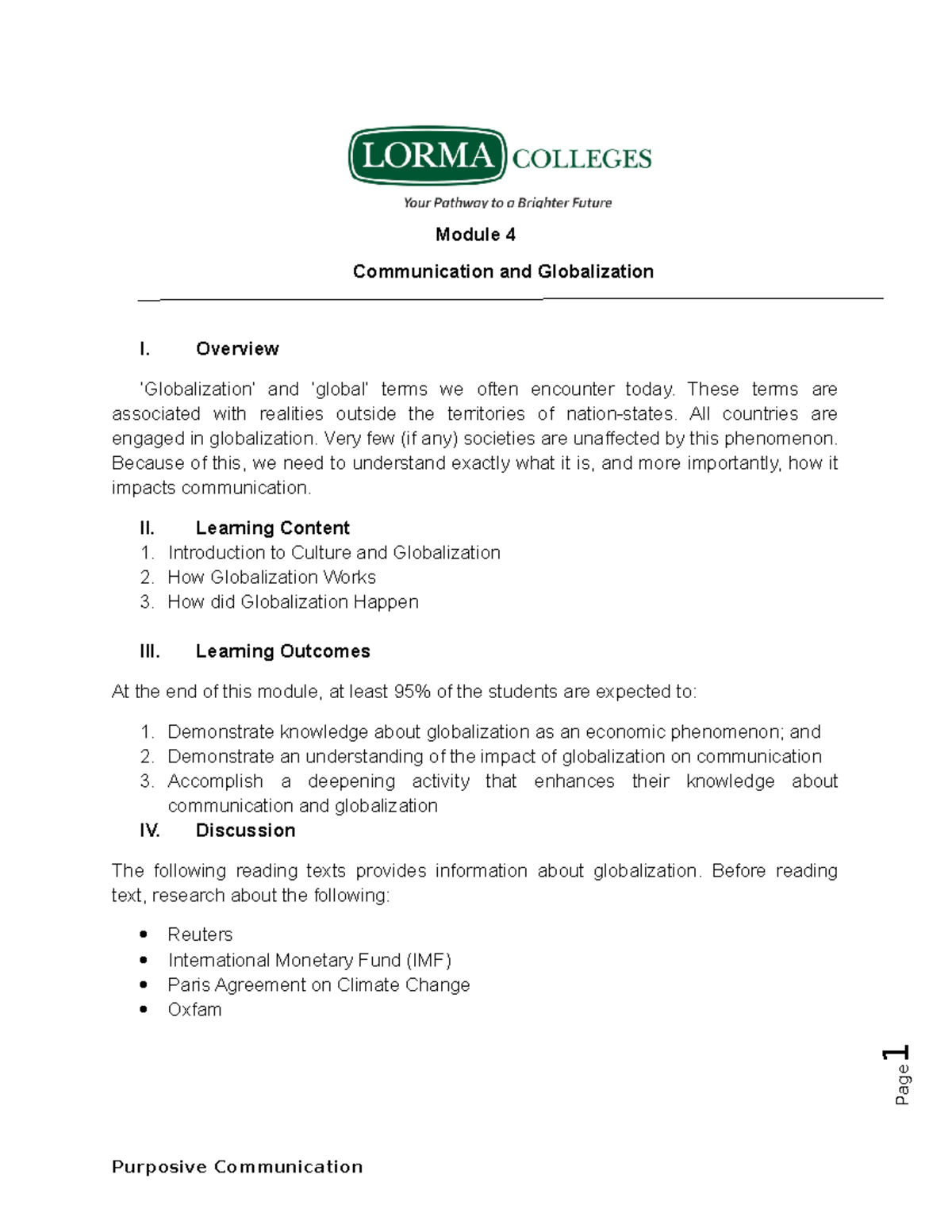 Purposive COM Module 4: Understanding Globalization in Communication ...