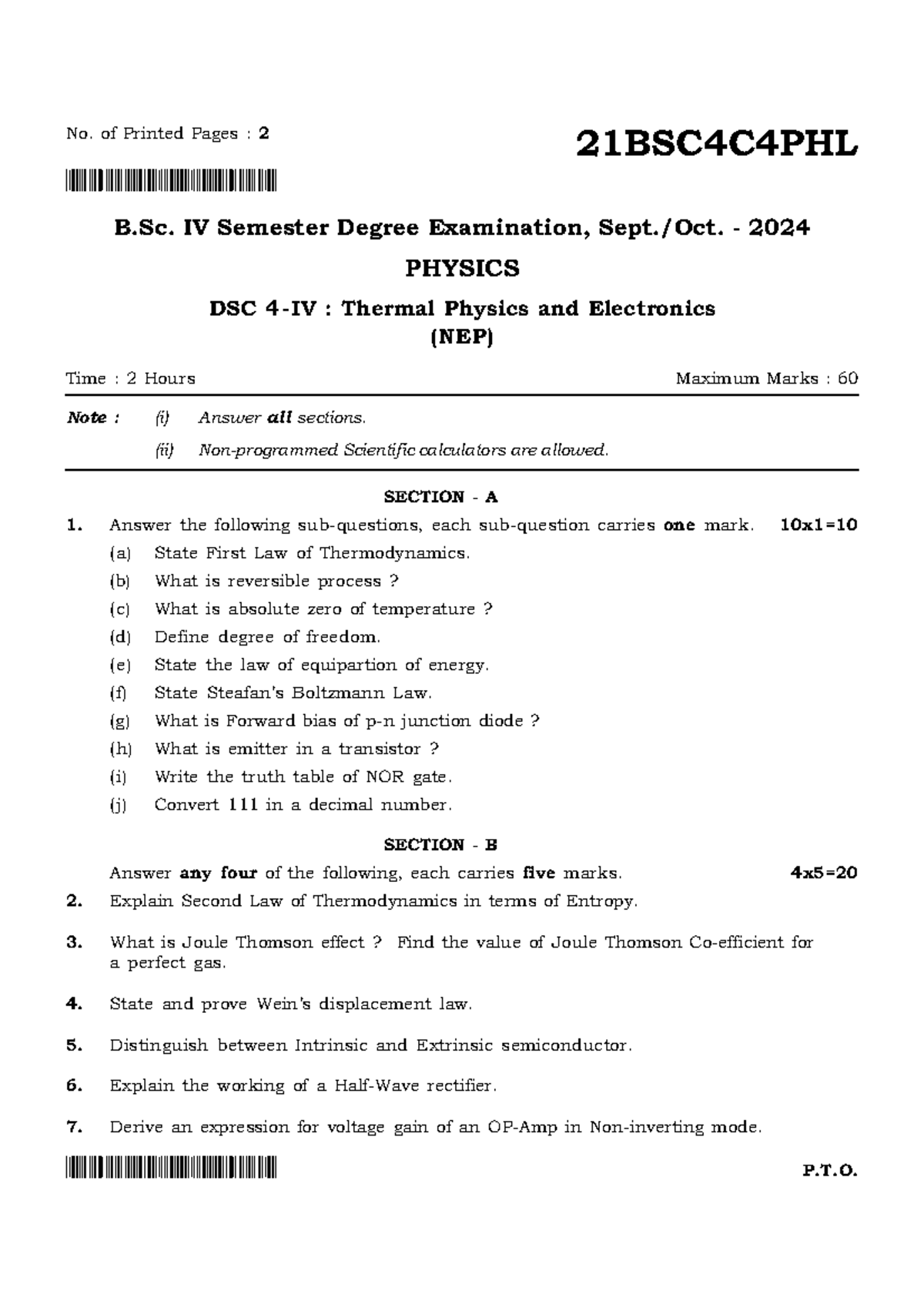 Thermal Physics and Electronics - B.Sc. IV Sem Exam 2024 (21BSC4C4PHL ...