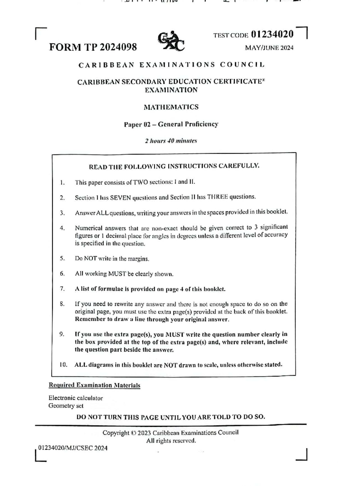 Mathematics CSEC 01234020 Paper 02 Exam Study Guide 2024 - Studocu