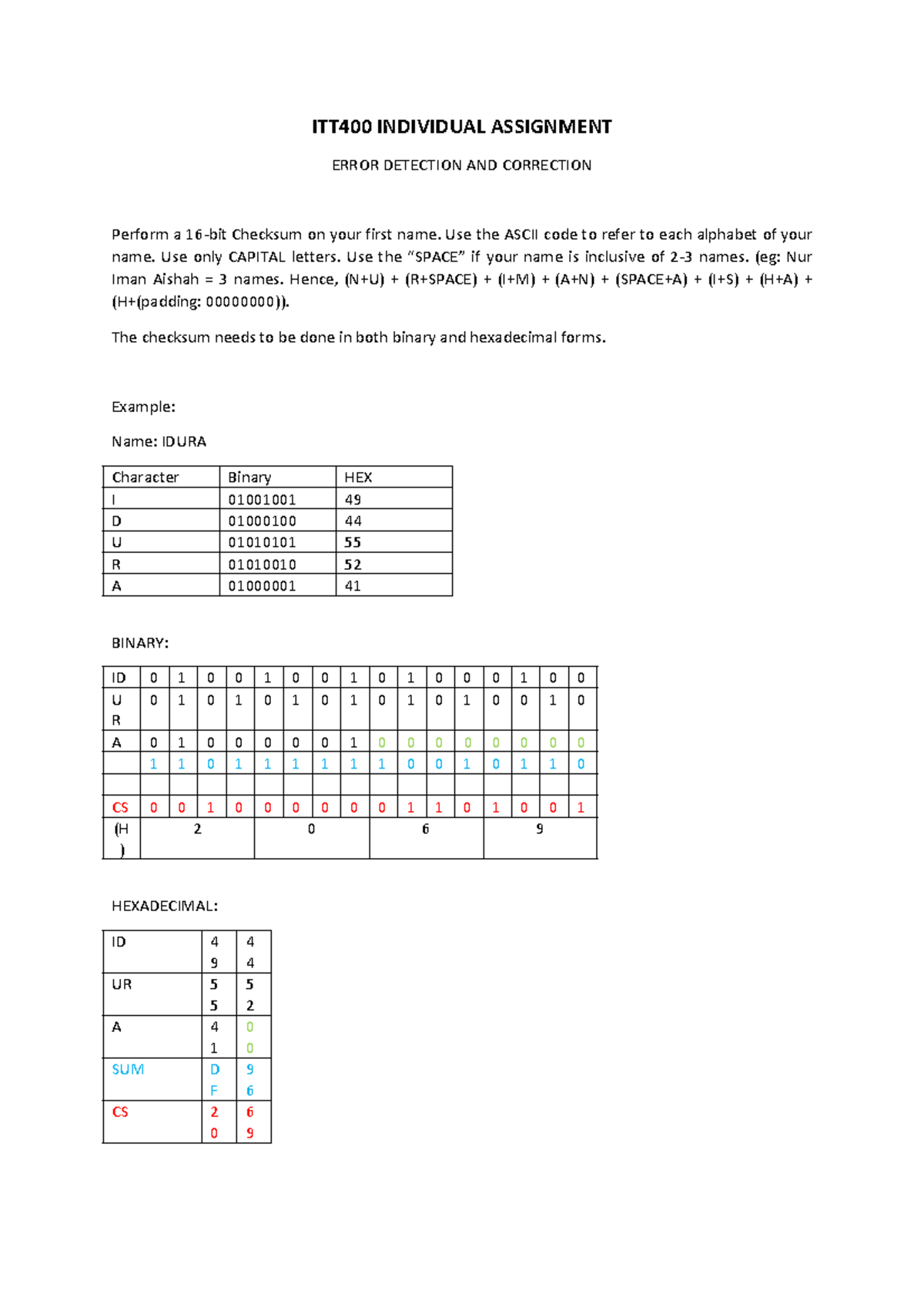 ITT400 Individual Assignment: Checksum Calculation Guide - Studocu