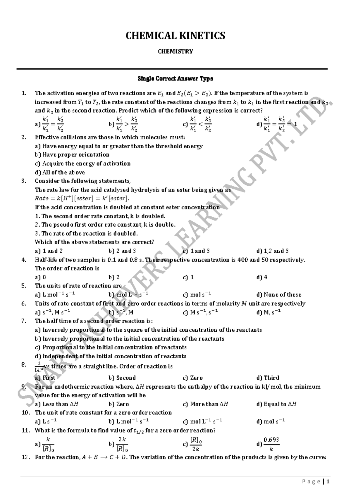Chemical Kinetics - Chemistry: Single Correct Answer Type Questions ...