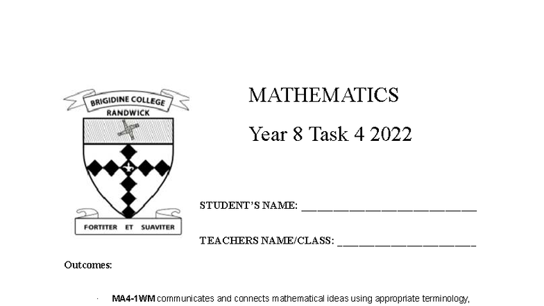MATHEMATICS Year 8 Task 4: Geometry & Linear Relationships Practice ...
