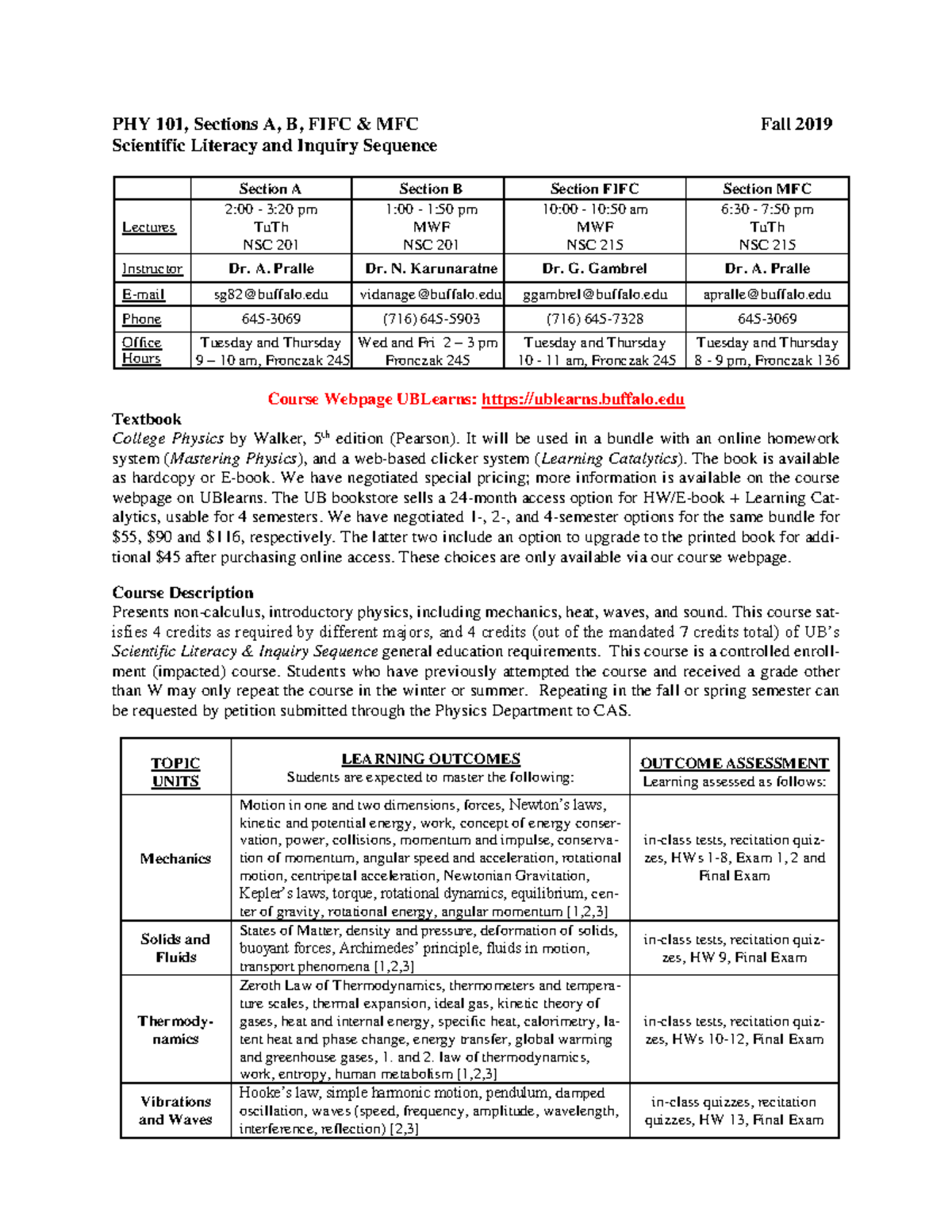 PHY 101 Syllabus: Sections A, B, FIFC MFC Fall 2019 Overview - Studocu