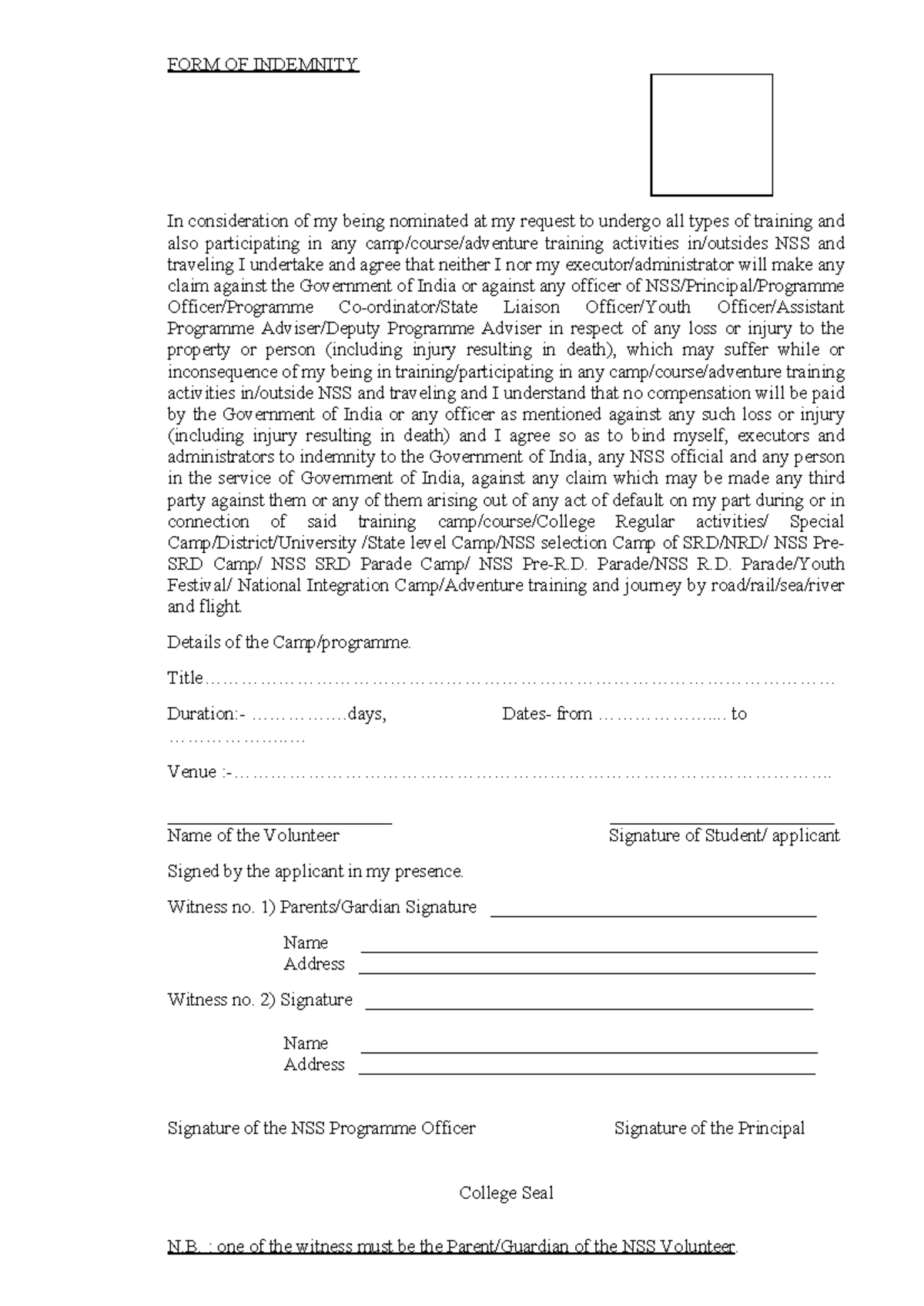 NSS Indemnity Form for Training Activities and Camps - Studocu