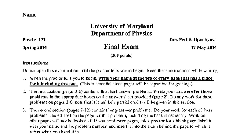 Physics 131 Final Exam - Drs. Upadhyaya & Peel - Spring 2014 - Studocu