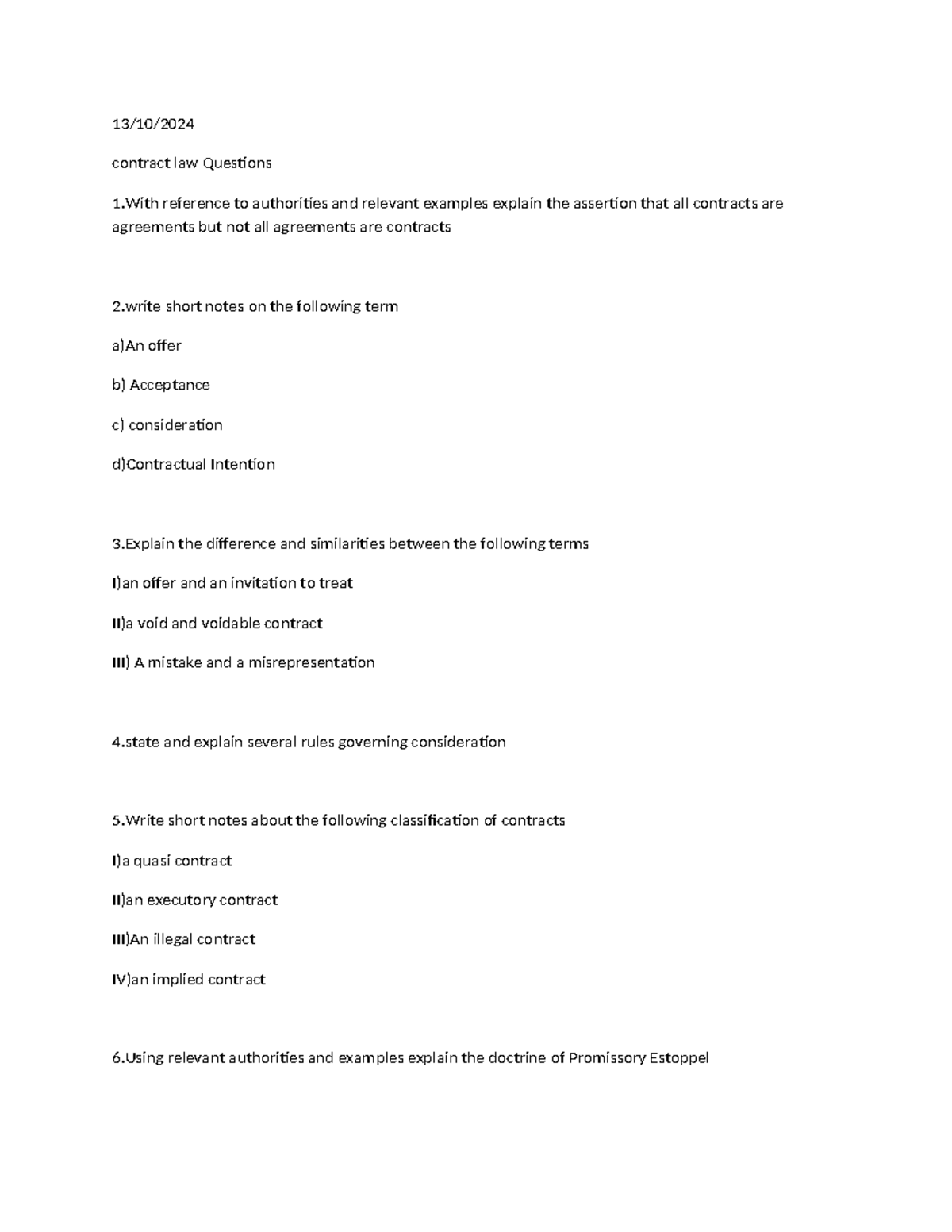 Contract qtns - 13/10/ contract law Questions 1 reference to ...