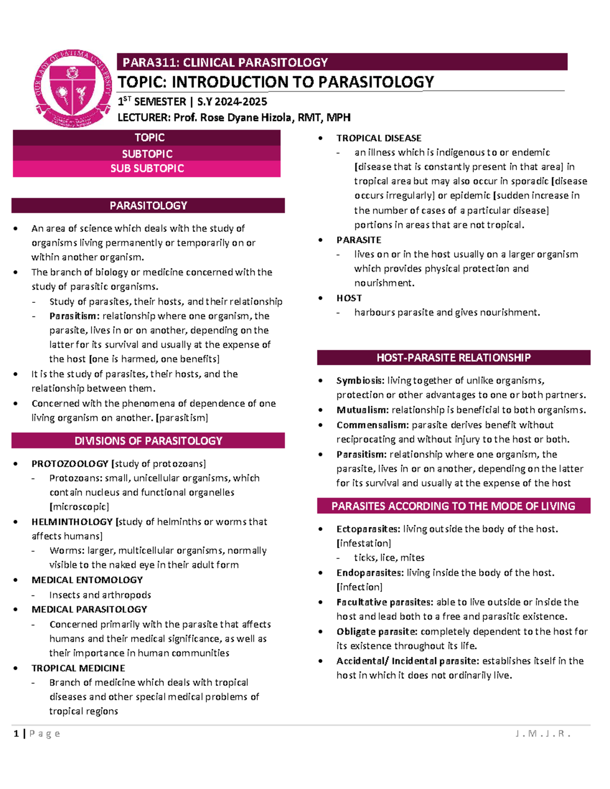 PARA311: CLINICAL PARASITOLOGY PRELIMINARY STUDY NOTES ON PARASITES ...