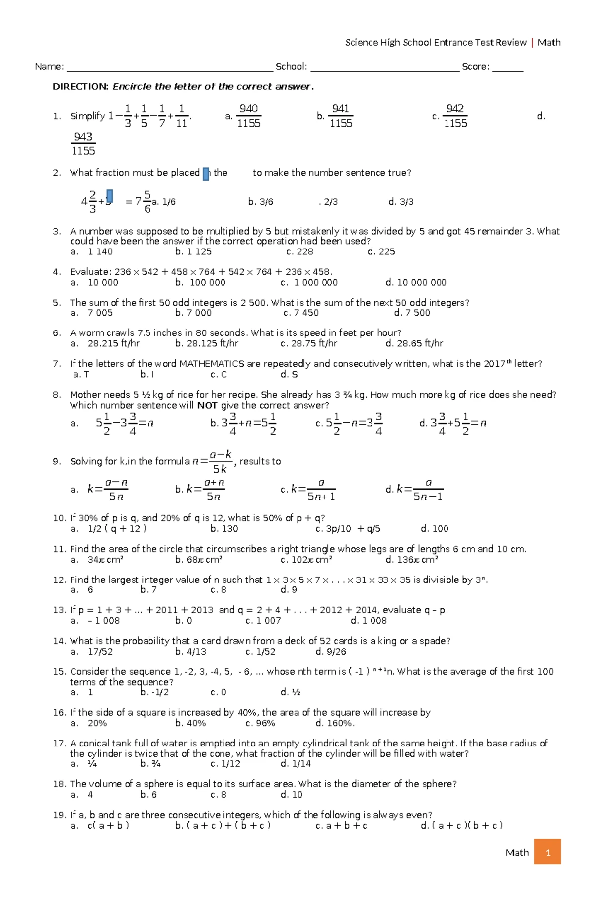 Math 101: Area and Perimeter Practice Questions - Studocu