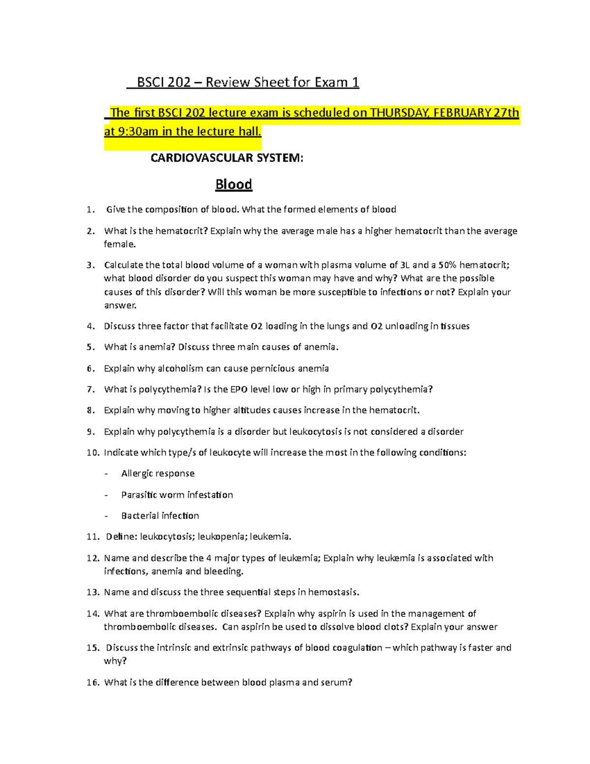 BSCI 202 Exam 1 Review Sheet: Cardiovascular & Immune Systems - Studocu
