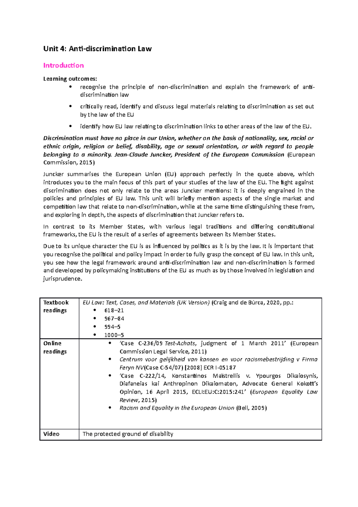 Unit 4 - Exploring Anti-discrimination Law in the EU Framework - Studocu