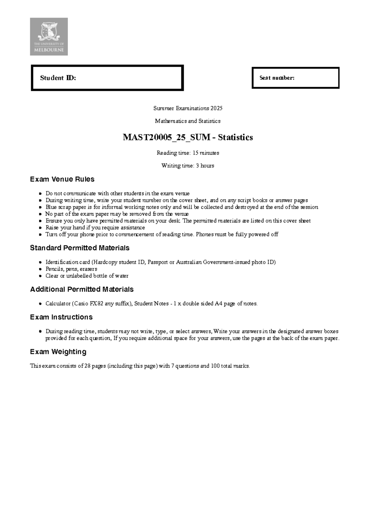 25-sum - practice exam for 25 sum - Student ID: Seat number: Summer ...
