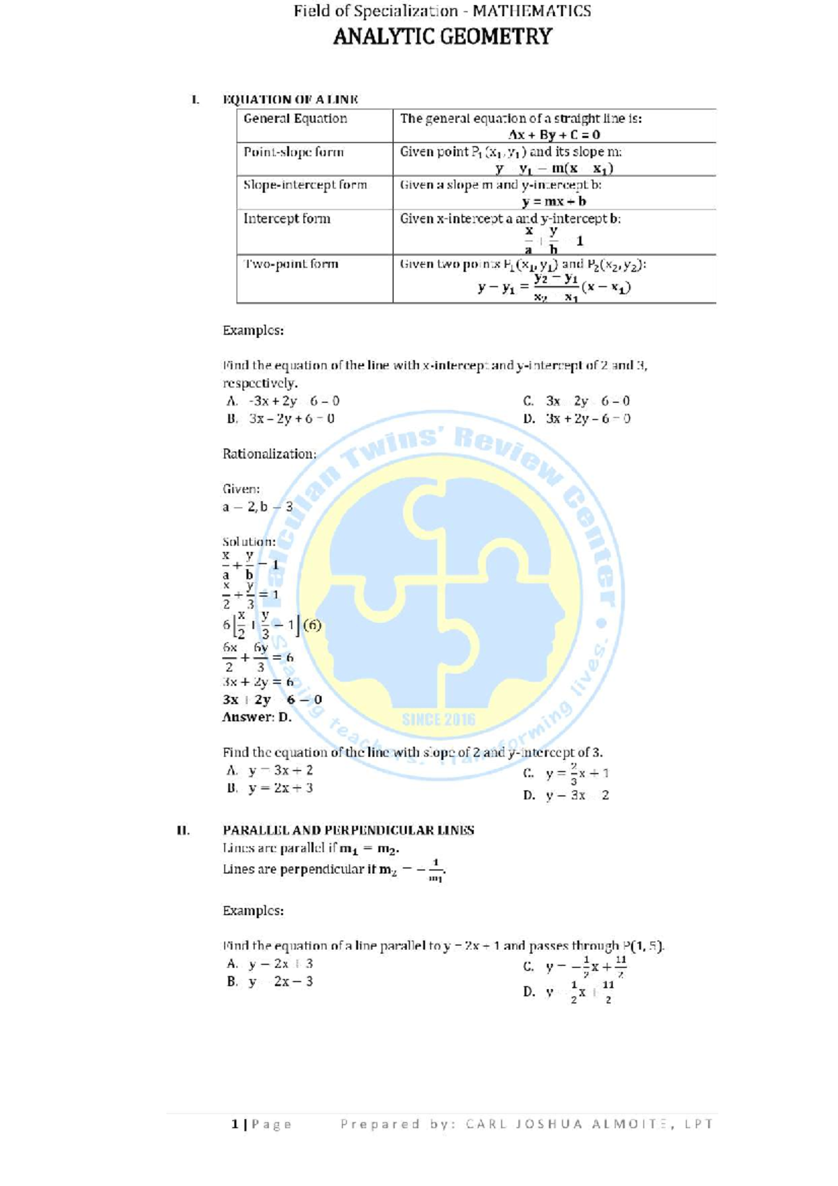 MATHEMATICS ANALYTIC GEOMETRY I: EQUATIONS OF LINES & CONICS - Studocu