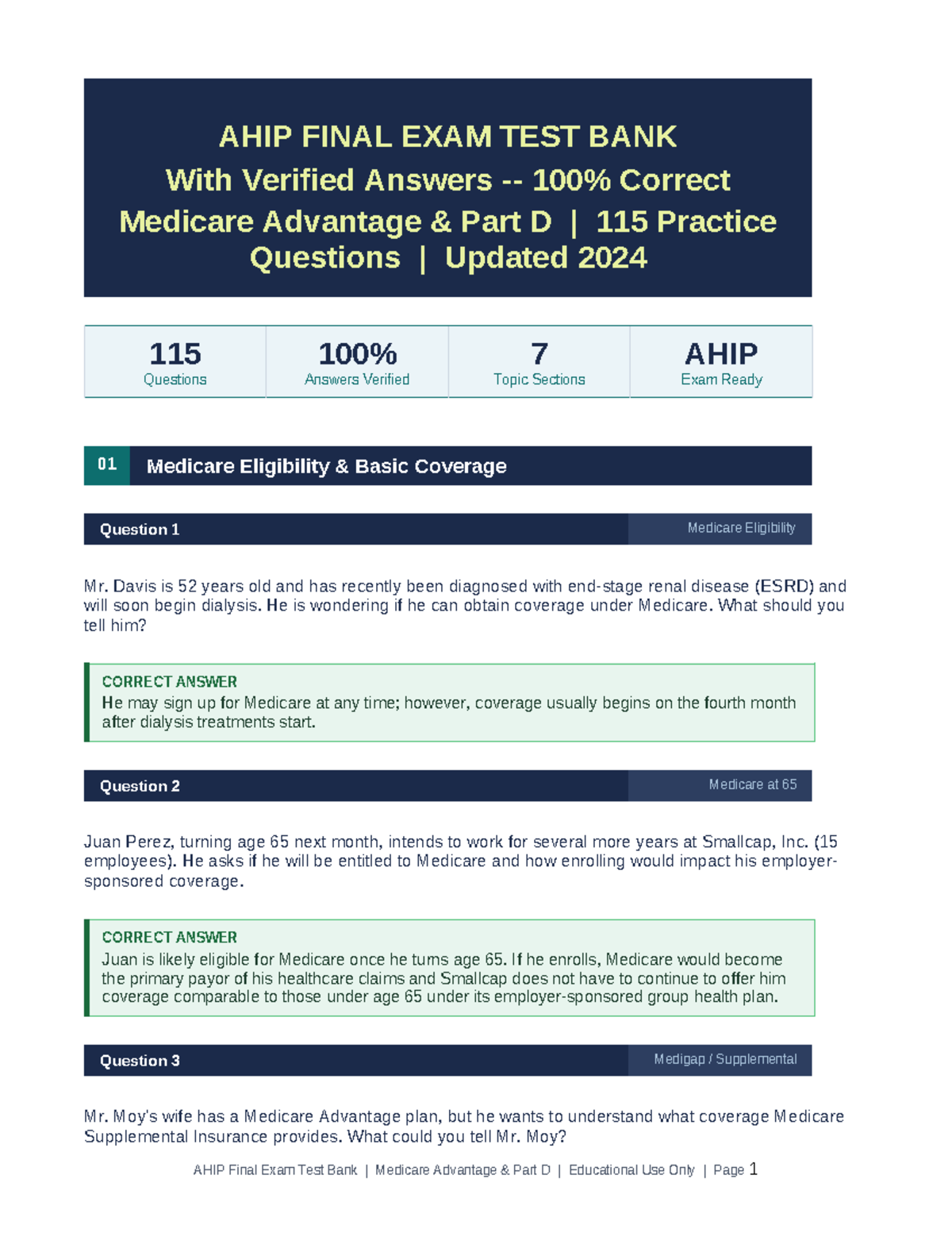 AHIP FINAL EXAM TEST BANK: Medicare Advantage & Part D Practice ...