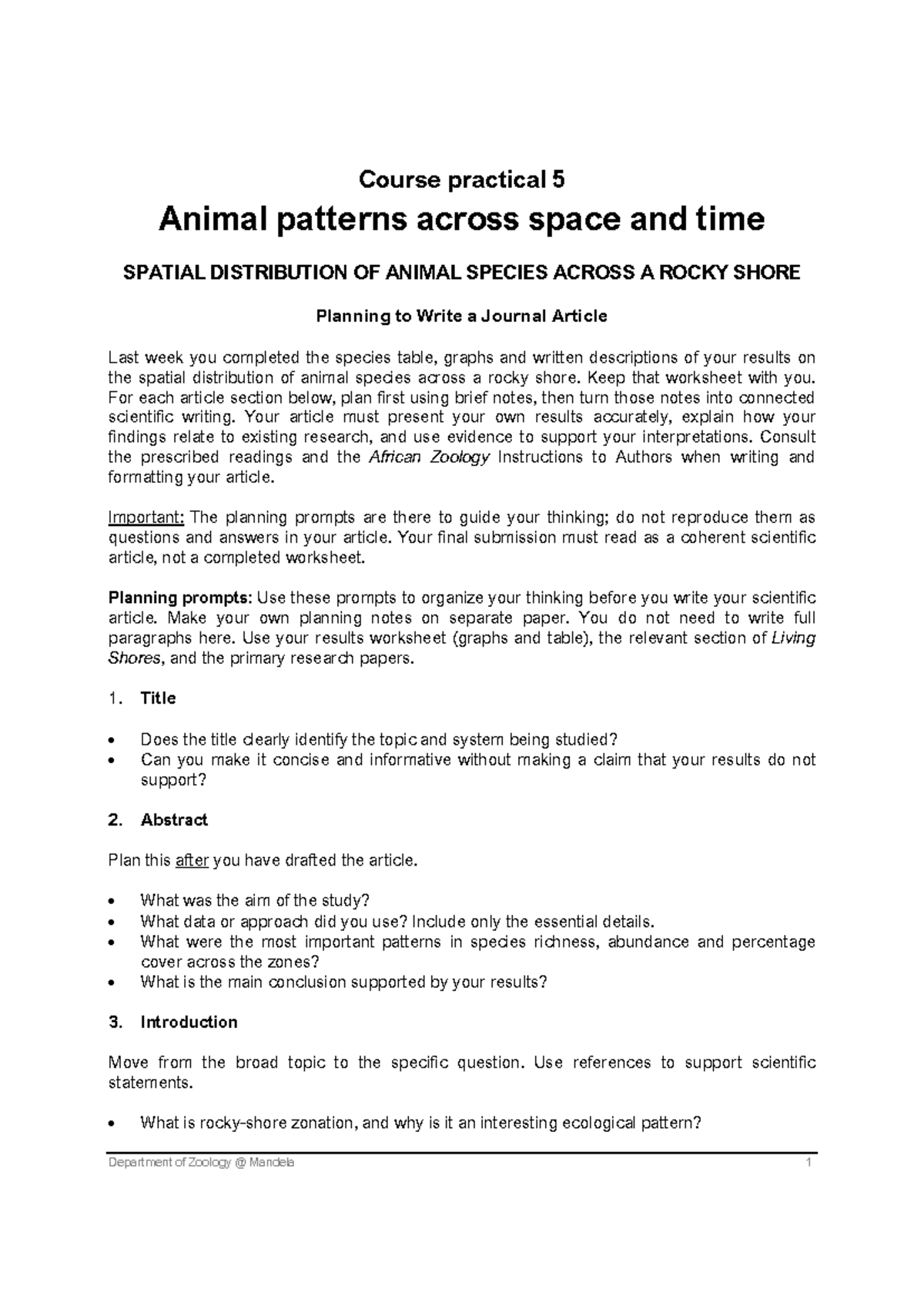 Practical 5: Spatial Distribution of Animal Species on Rocky Shores ...